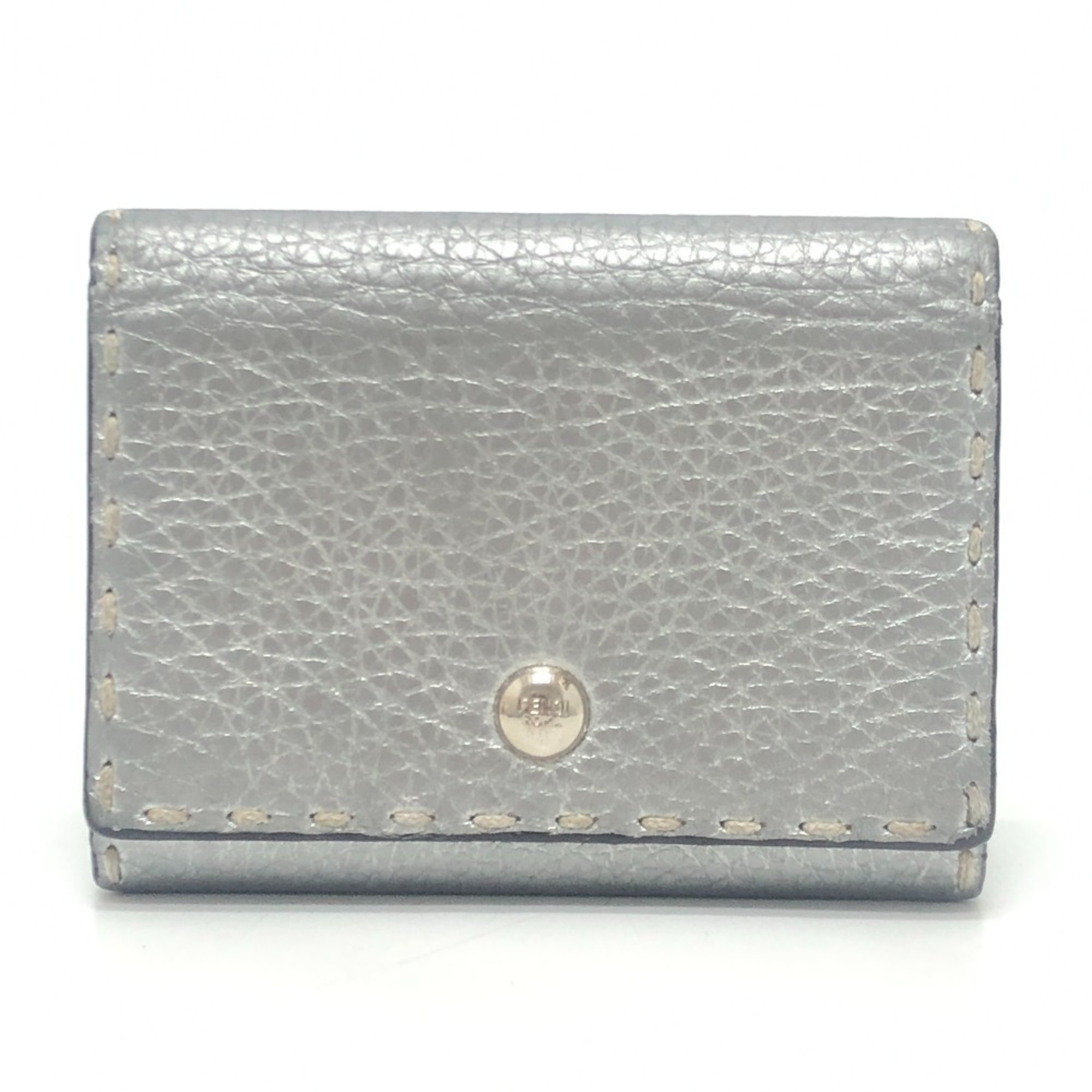 FENDI Selleria Bifold Business Card Case with Stitching, Leather, Silver, for Women