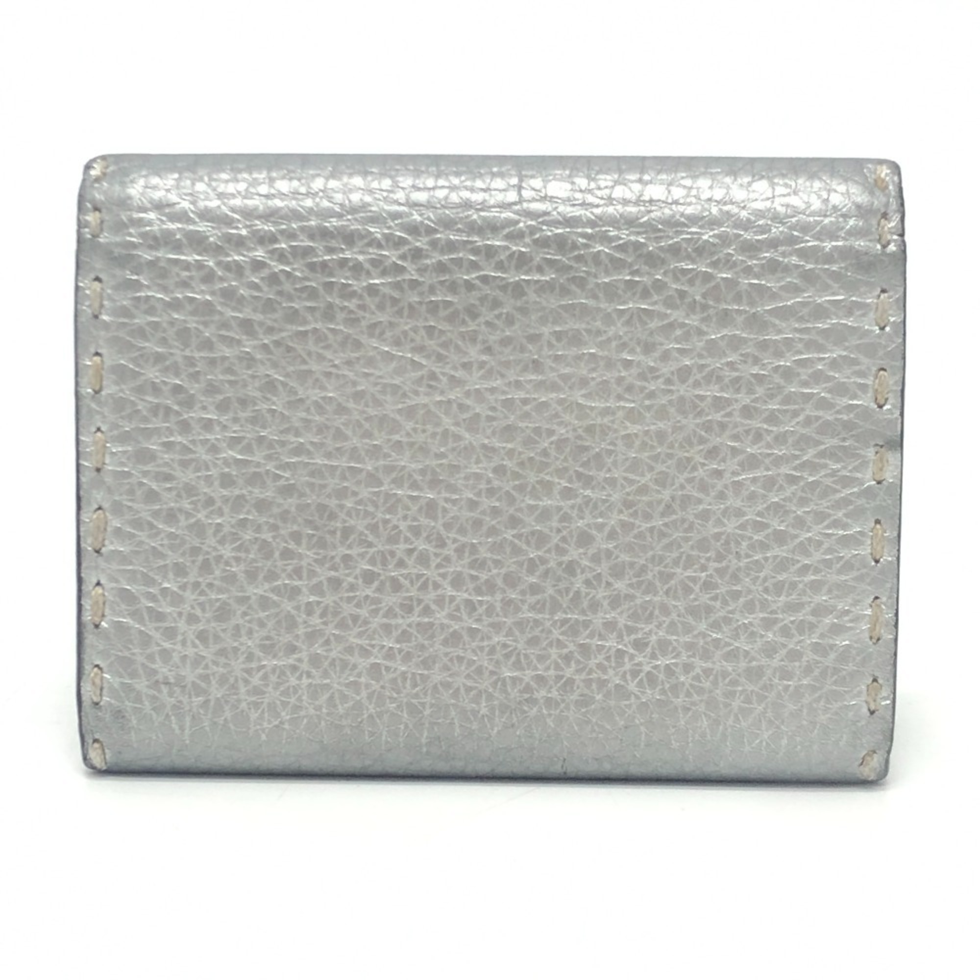 FENDI Selleria Bifold Business Card Case with Stitching, Leather, Silver, for Women