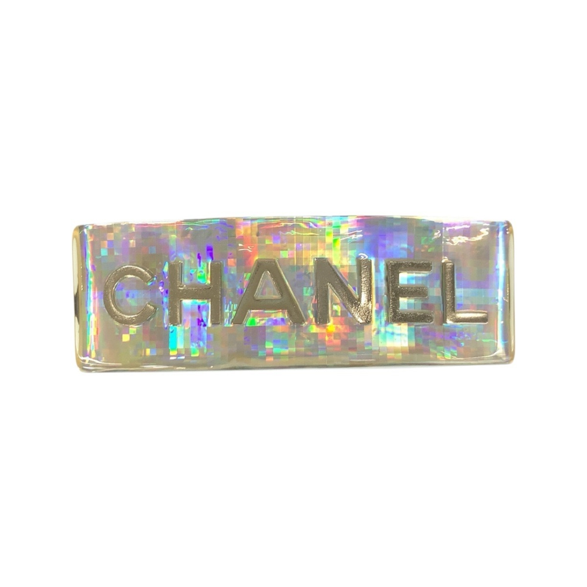 CHANEL Logo Silver Aurora Plastic Plated Barrette Hair Accessory for Women, 97P Engraved