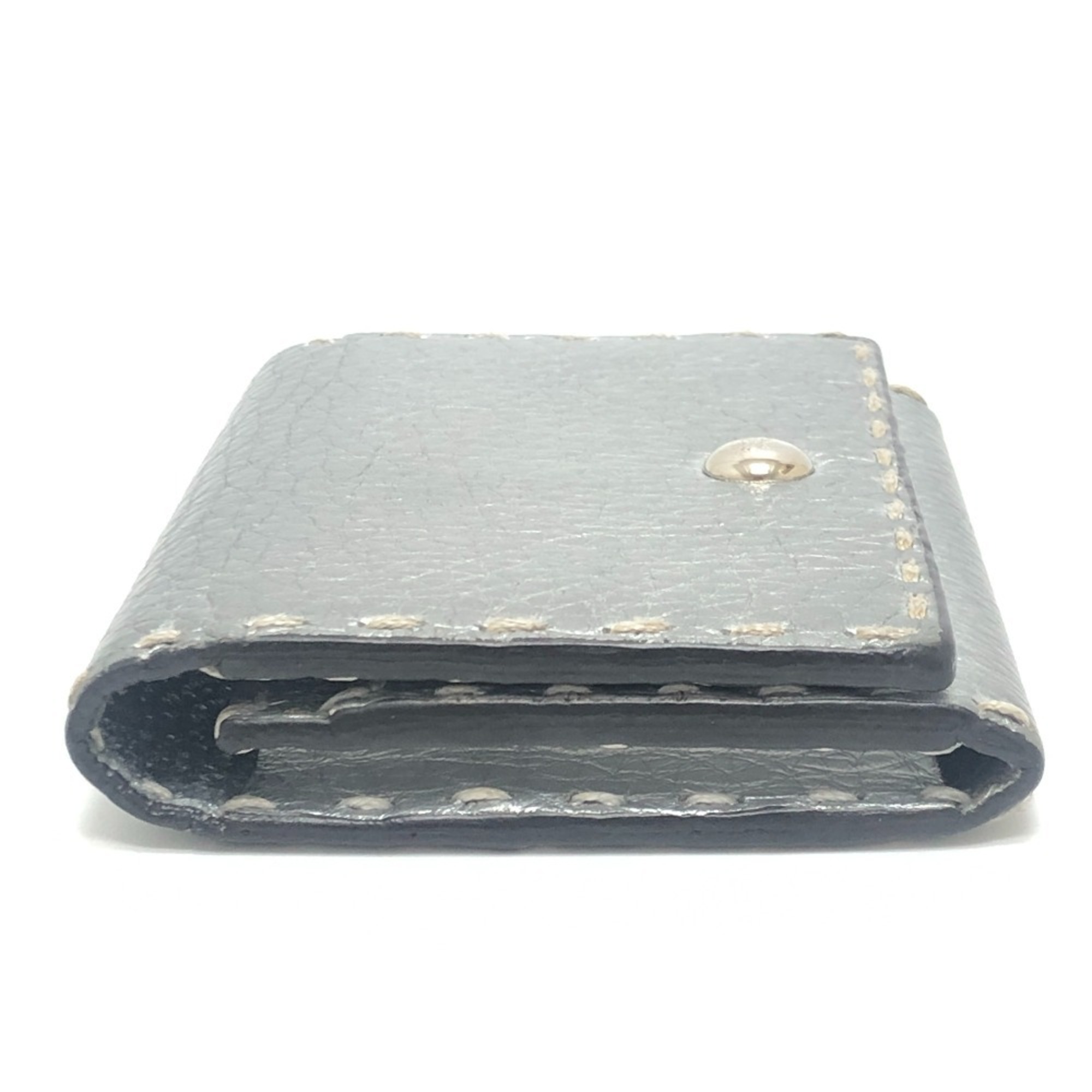 FENDI Selleria Bifold Business Card Case with Stitching, Leather, Silver, for Women