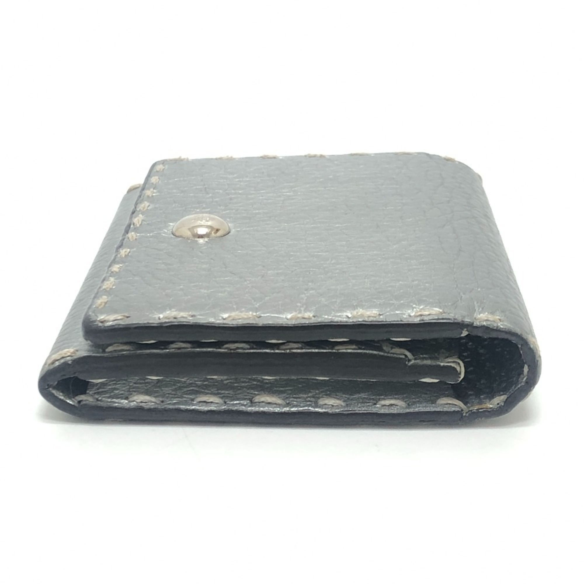 FENDI Selleria Bifold Business Card Case with Stitching, Leather, Silver, for Women