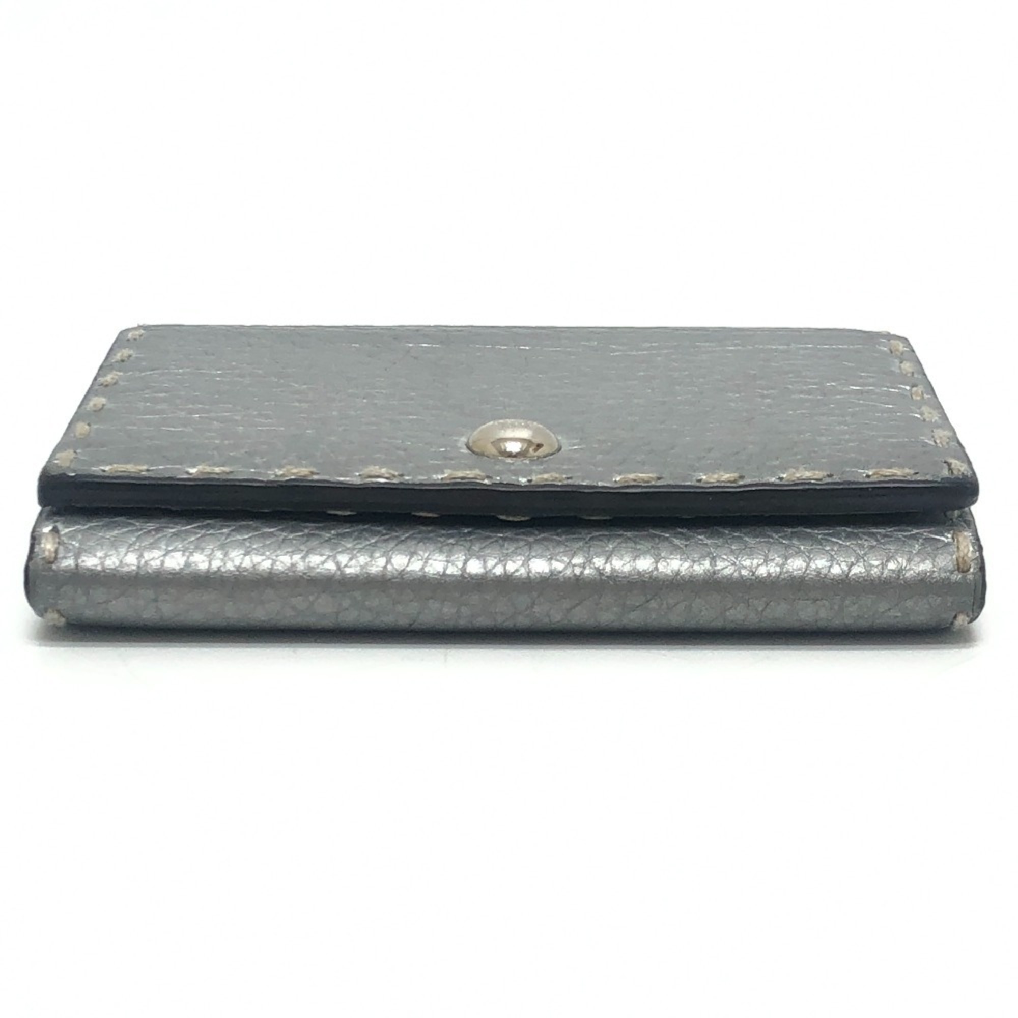 FENDI Selleria Bifold Business Card Case with Stitching, Leather, Silver, for Women