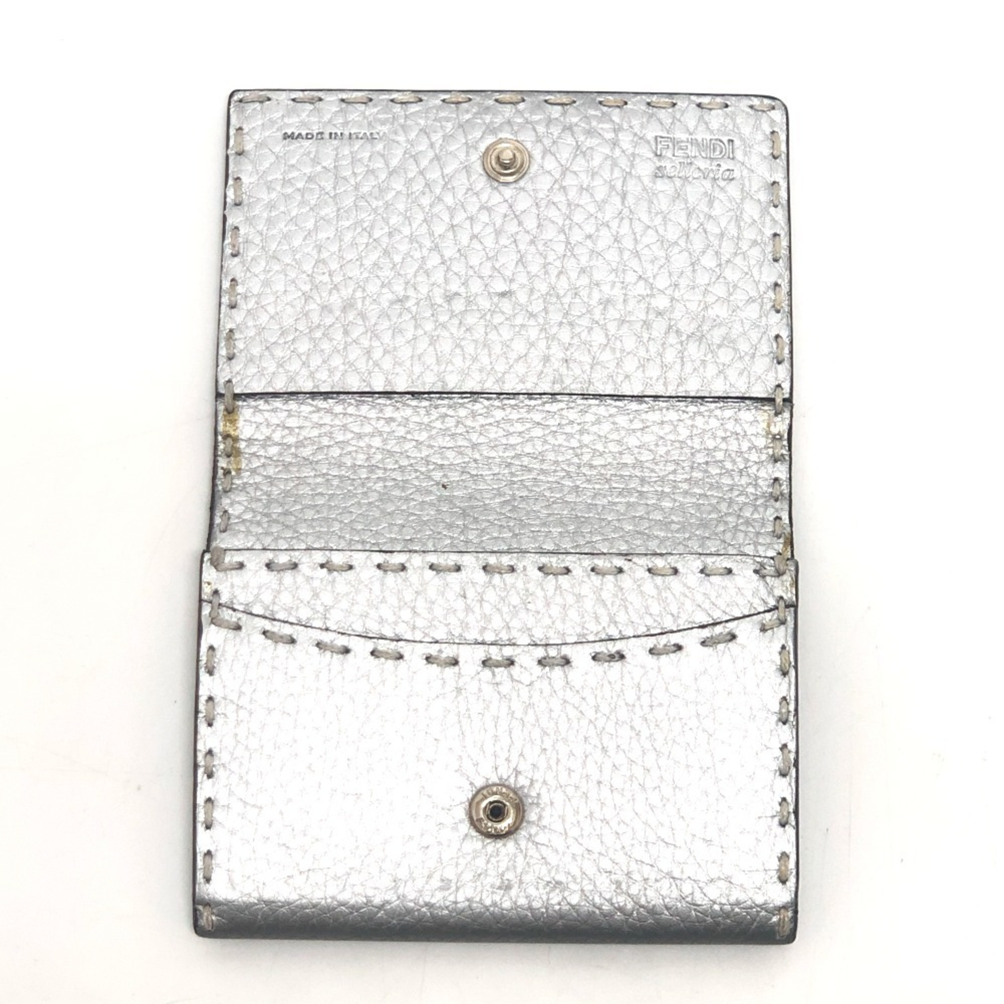FENDI Selleria Bifold Business Card Case with Stitching, Leather, Silver, for Women