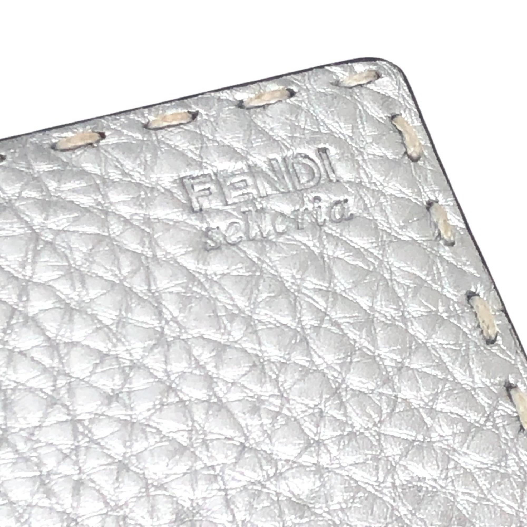 FENDI Selleria Bifold Business Card Case with Stitching, Leather, Silver, for Women