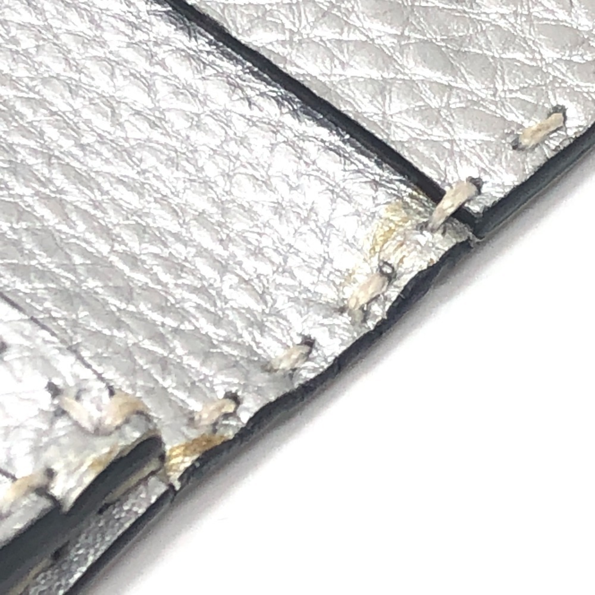 FENDI Selleria Bifold Business Card Case with Stitching, Leather, Silver, for Women