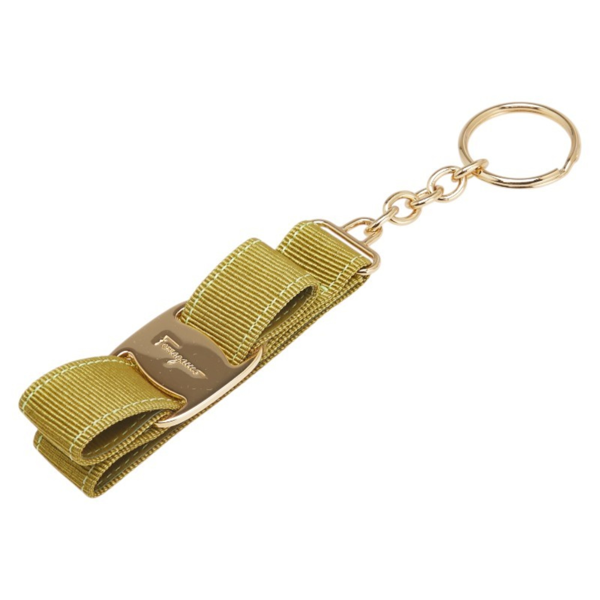 Salvatore Ferragamo Vara Ribbon Key Ring in Green and Gold Plated Canvas for Women