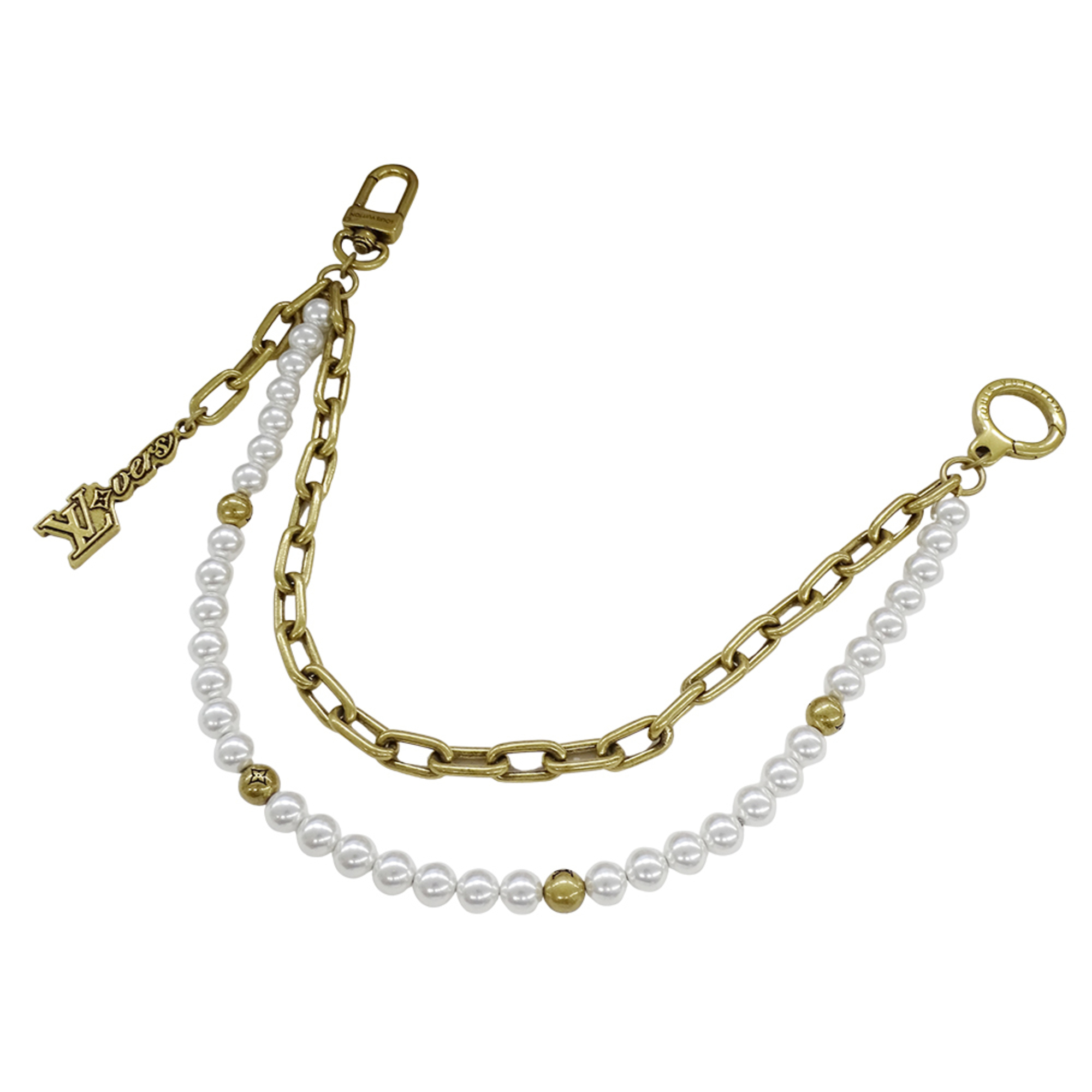 Louis Vuitton Women’s Metal and Glass Pearl Bag Charm Chain/Belt Charm, Gold White, M01689 AK3274