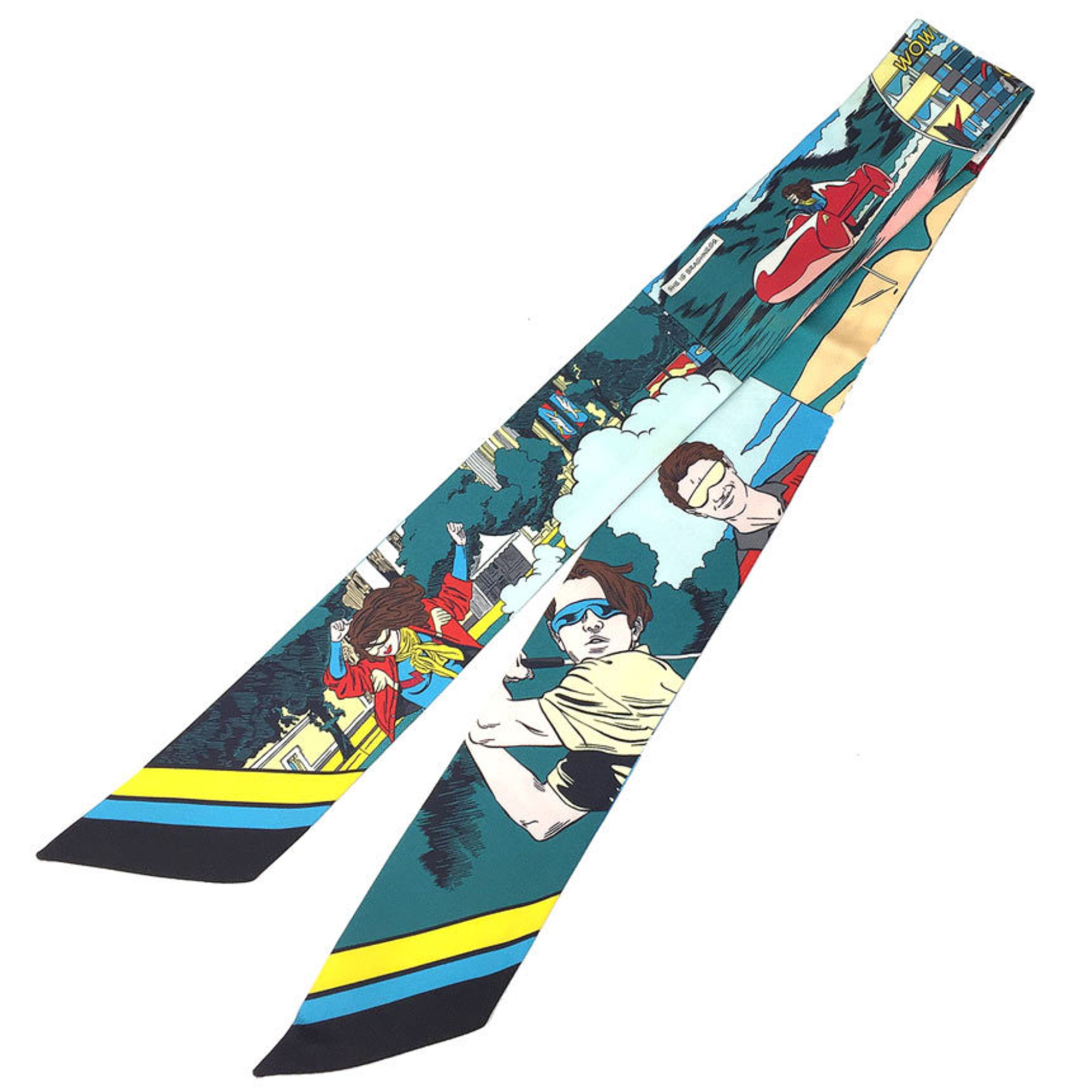 HERMES Twilly Scarf WOW 063463S 2021 American Comic Style Ribbon Tie Manga Blue Azure 100% Silk