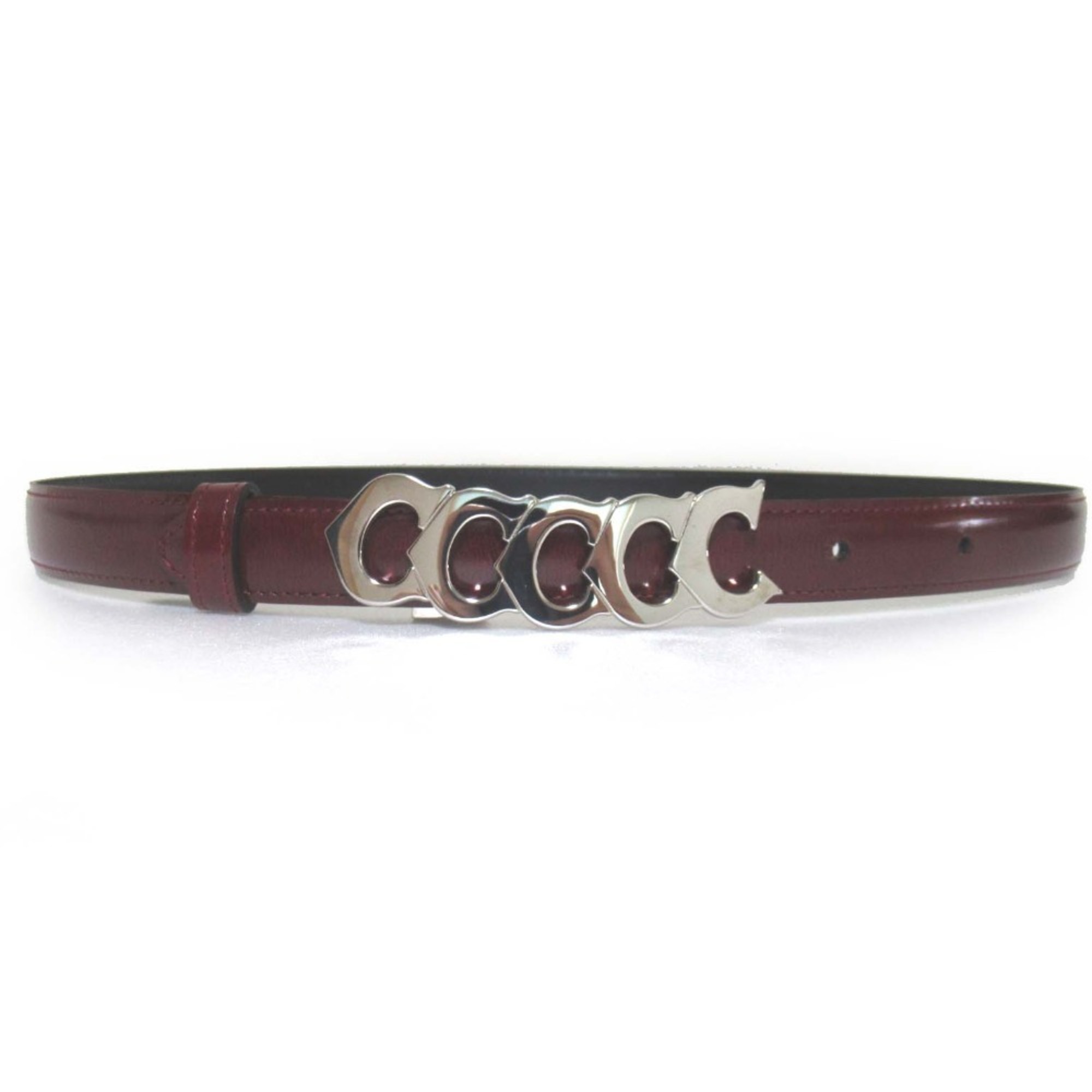 Cartier 5-row logo buckle, buckle type, leather belt, burgundy and silver hardware, women’s