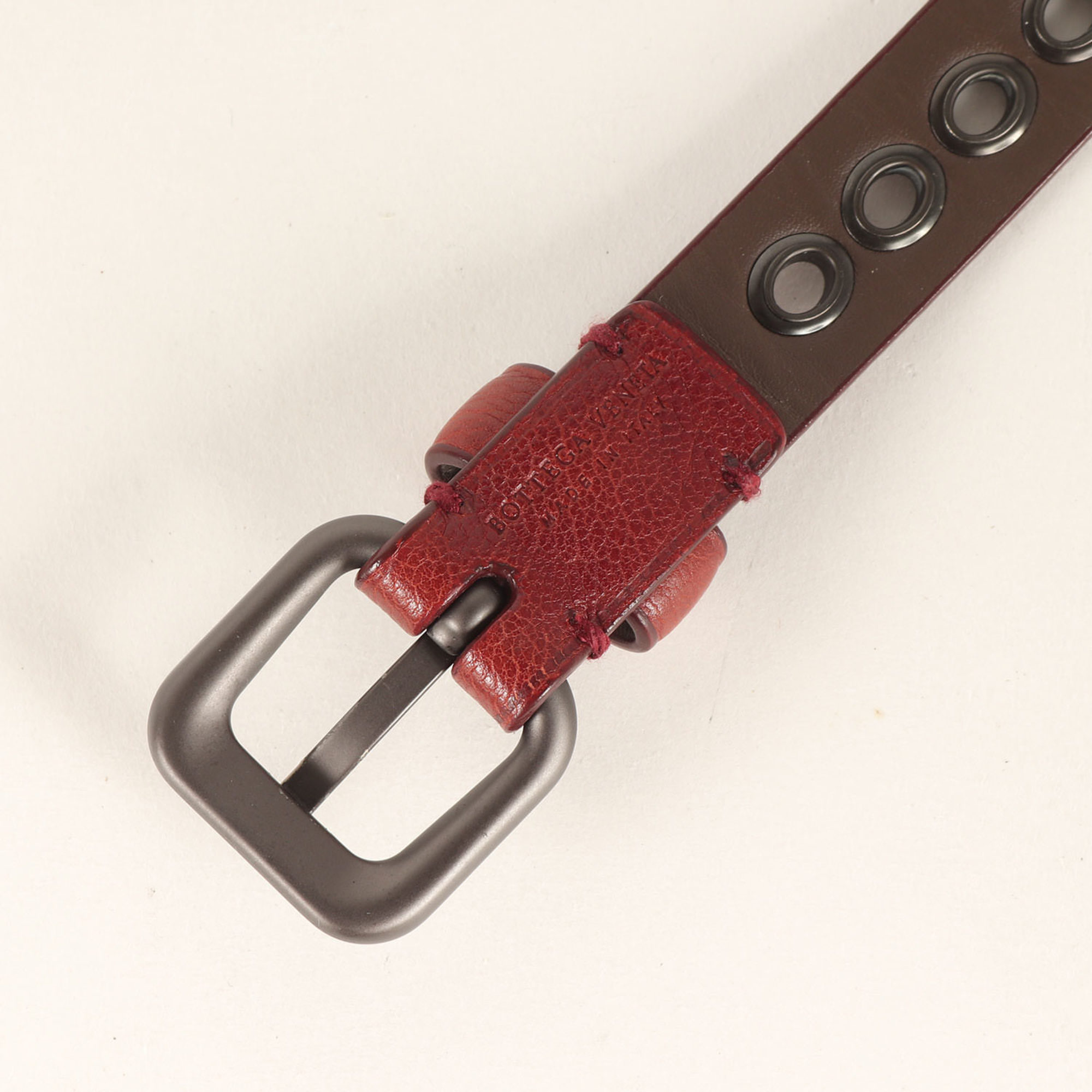 BOTTEGA VENETA Men's Brown Grained Leather Belt with Square Buckle and Oval Eyelets, Size: Free