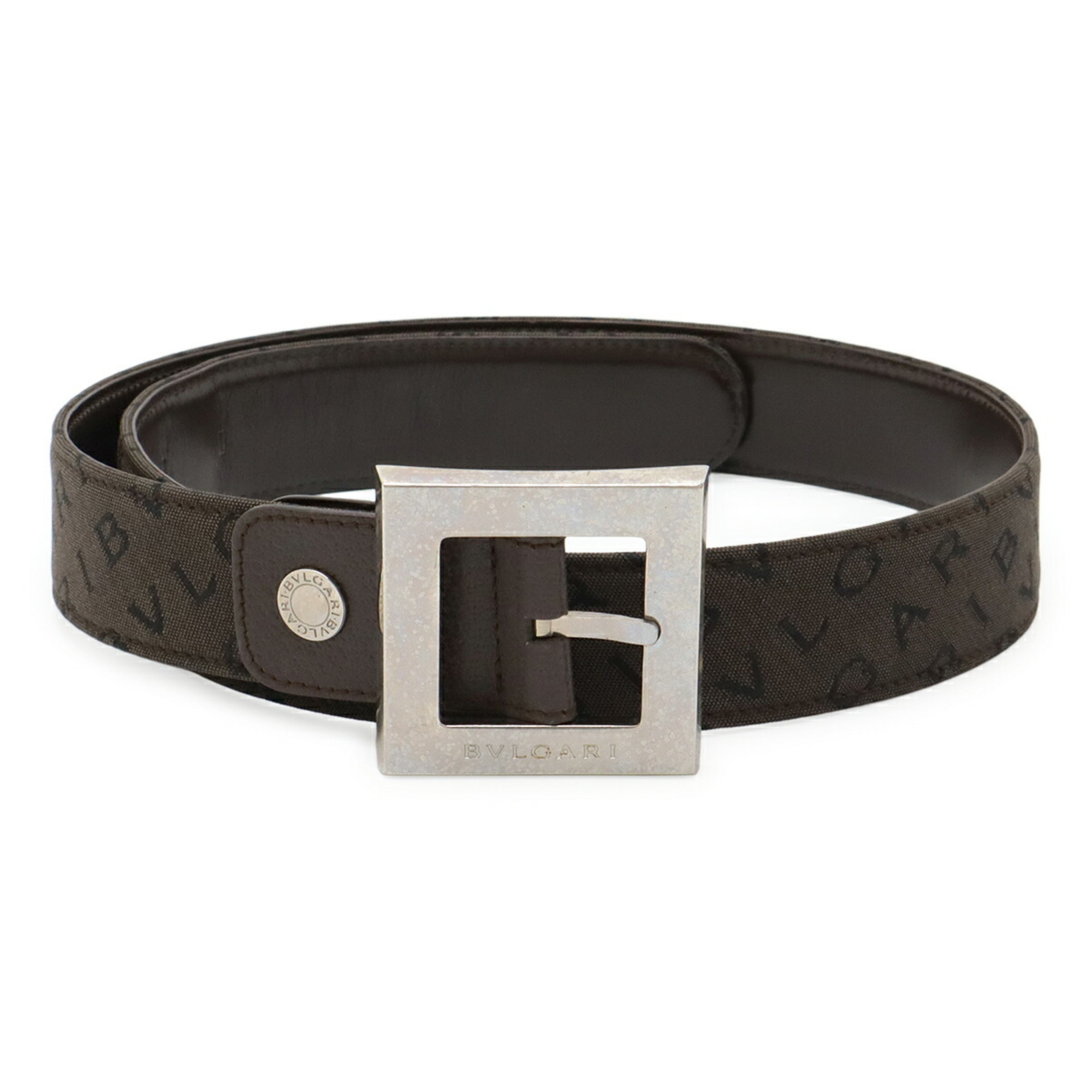 BVLGARI Mania Square Buckle Belt, Canvas and Leather, Dark Brown, Size 42/105, Dimensions: Approx. 77.5cm, Pre-cut
