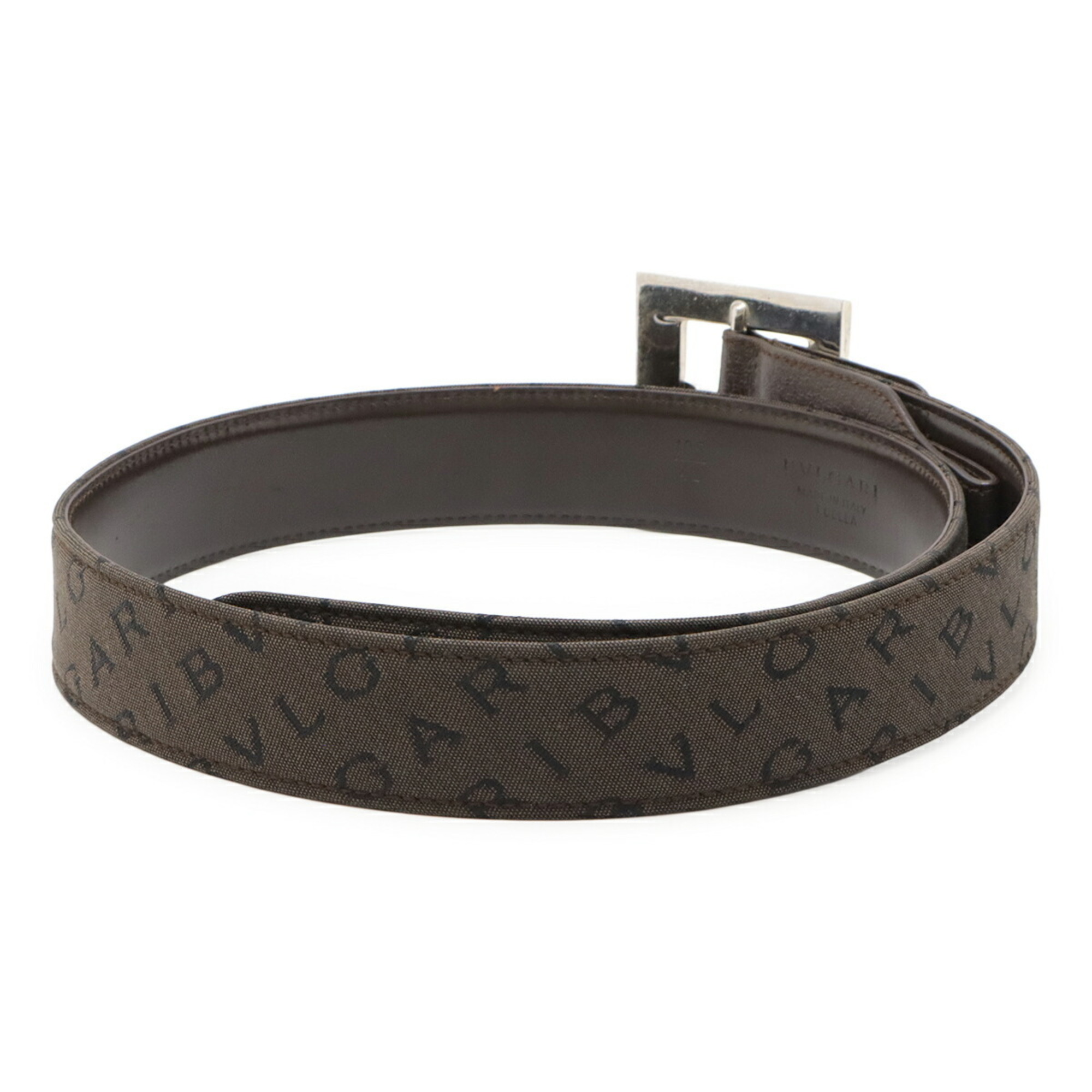 BVLGARI Mania Square Buckle Belt, Canvas and Leather, Dark Brown, Size 42/105, Dimensions: Approx. 77.5cm, Pre-cut