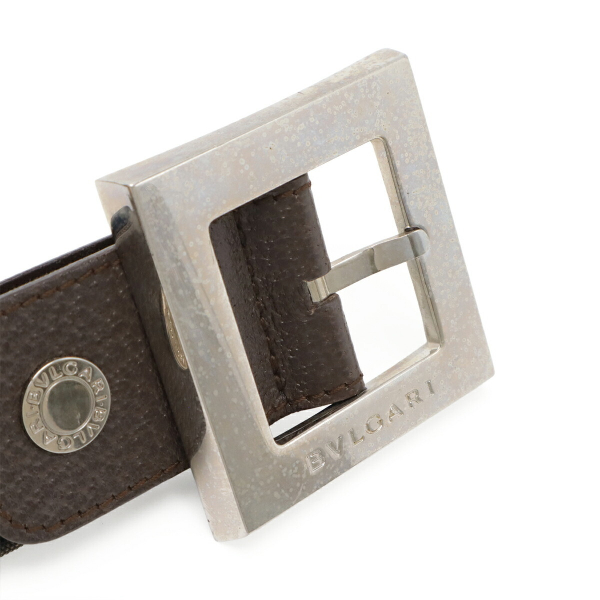 BVLGARI Mania Square Buckle Belt, Canvas and Leather, Dark Brown, Size 42/105, Dimensions: Approx. 77.5cm, Pre-cut