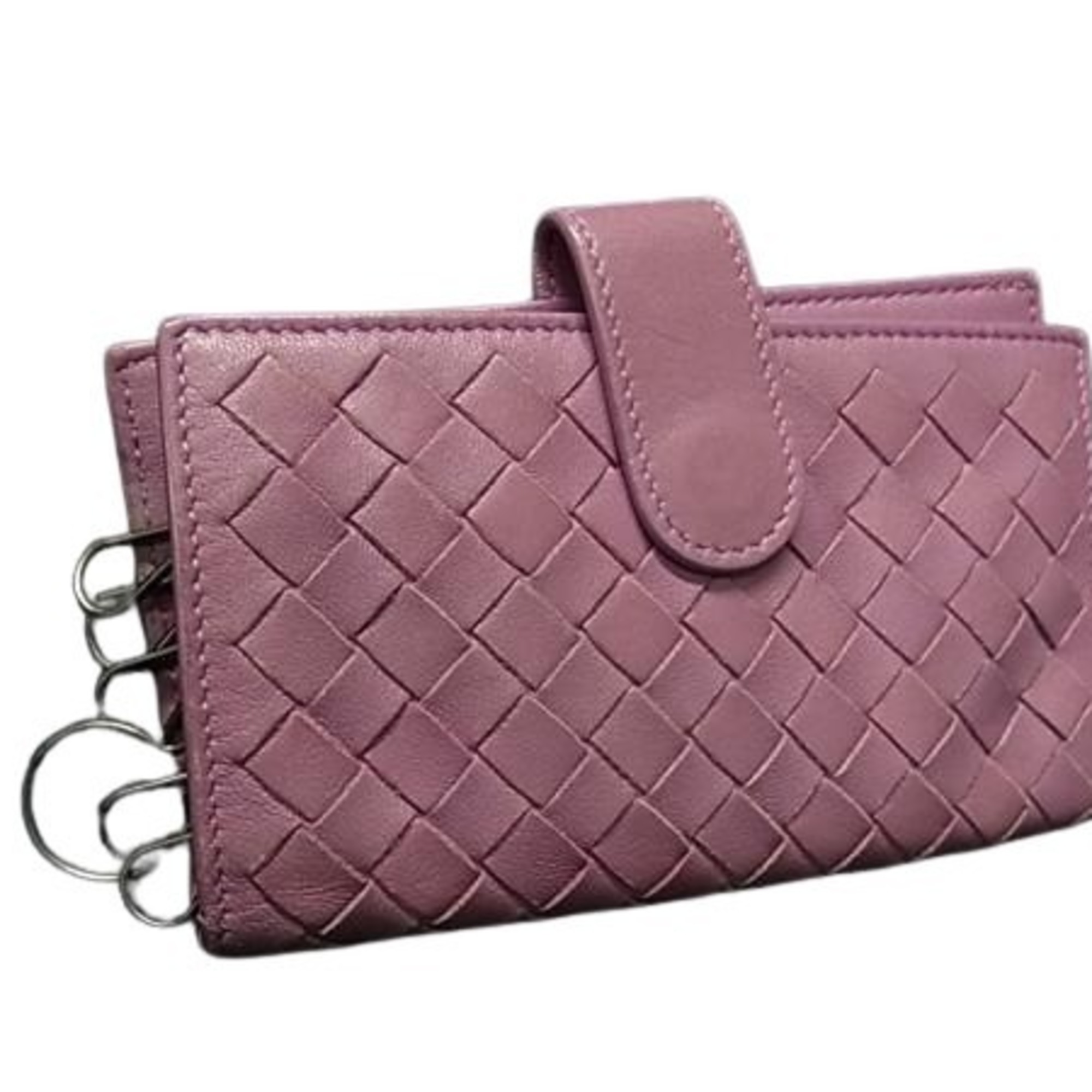 BOTTEGA VENETA 6-ring key case in pink-purple leather with intrecciato detailing.
