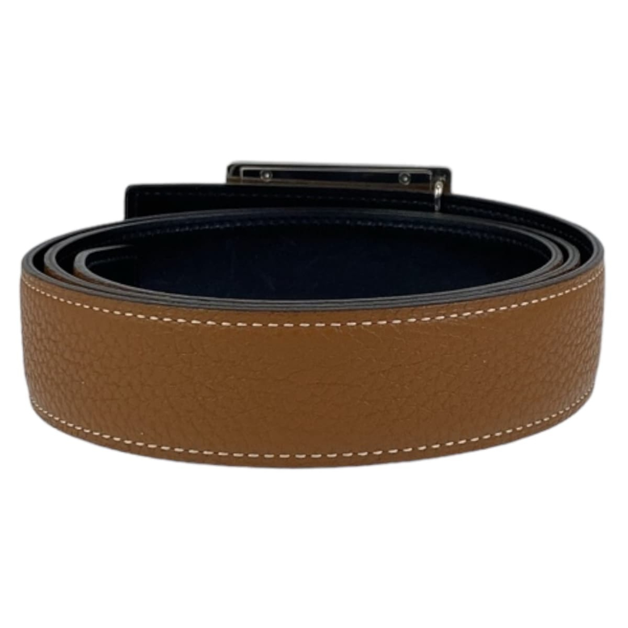 HERMES Hermes Stud Buckle Gold Camel Brown Silver Hardware Togo Box Calf Belt □P Engraved Men's