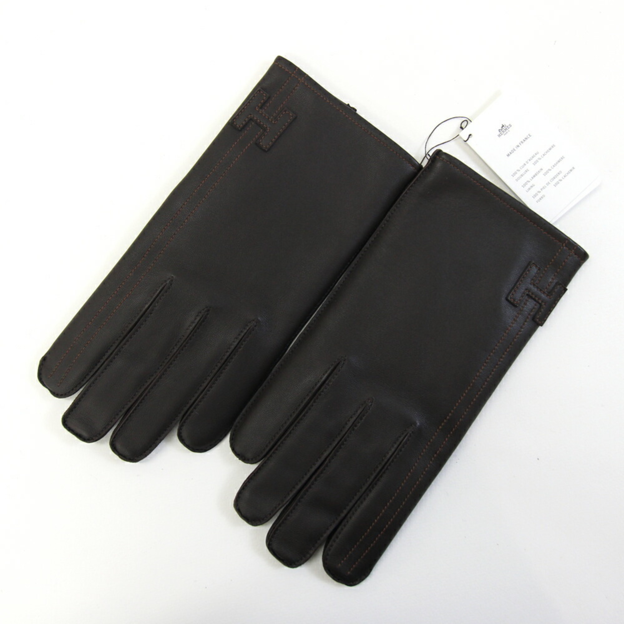 Hermes Hermès Joshua Gloves, H242044G, Mocha Anjou Glacé Cashmere, Size 8.5, Dark Brown, Women’s.