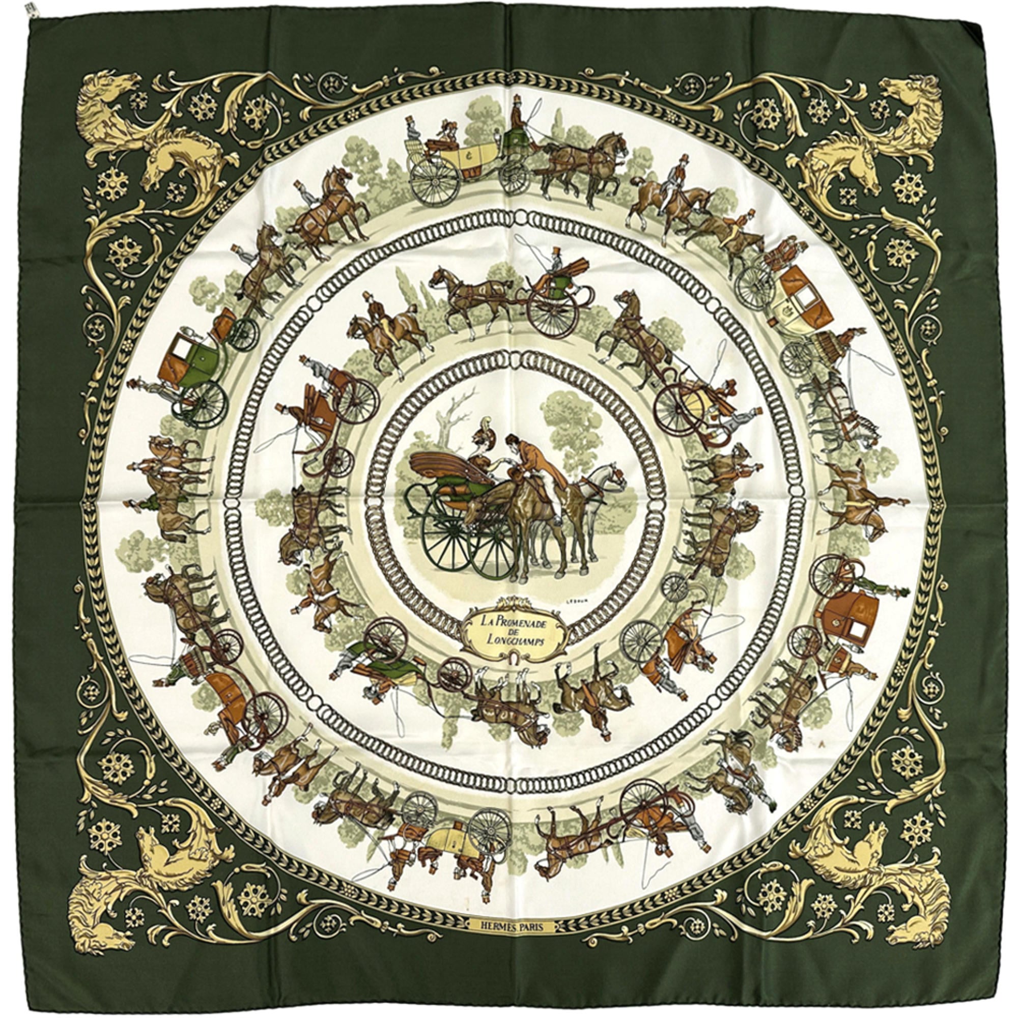 Hermes Hermès LA PROMENADE DE LONGCHAMPS Scarf, Carré 90, Women’s, Silk, Green, Multicolor, Horse and Carriage Design, Large