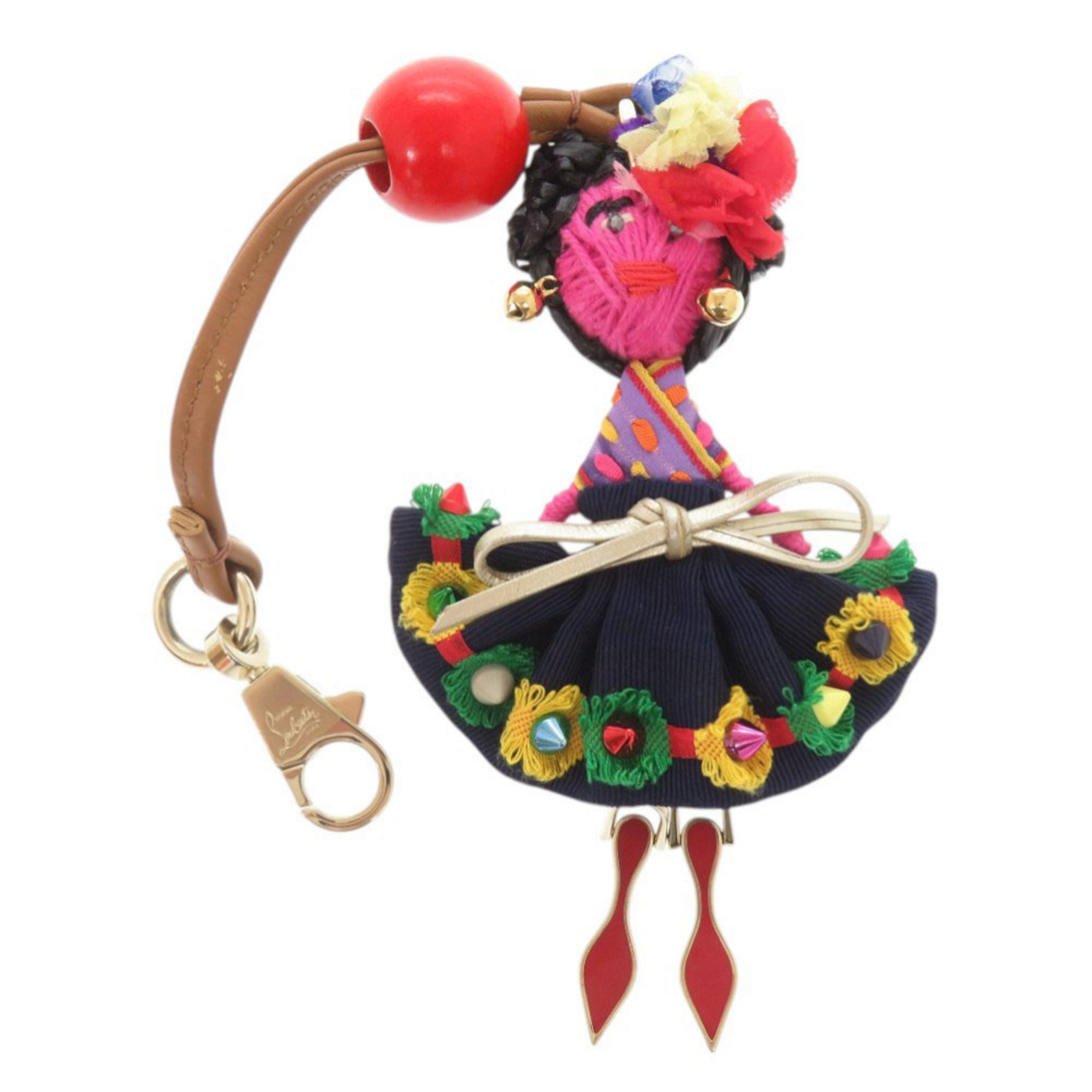 Christian Louboutin Leather Canvas Raffia Multicolor Keychain 1058