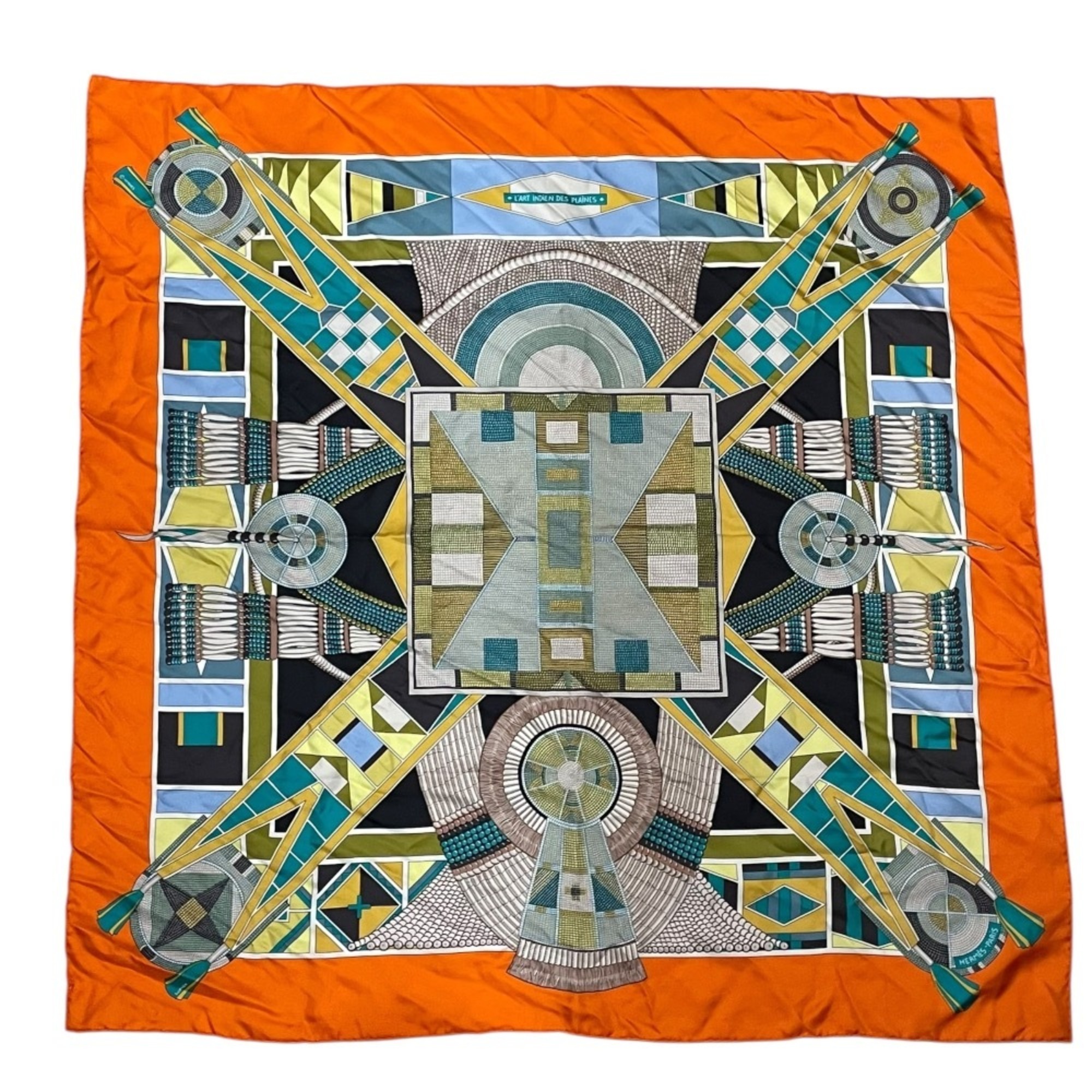HERMES Carré 90 “L’ART INDIEN DES PLAINES” Plain Indian Art Silk Scarf, Orange, Women’s
