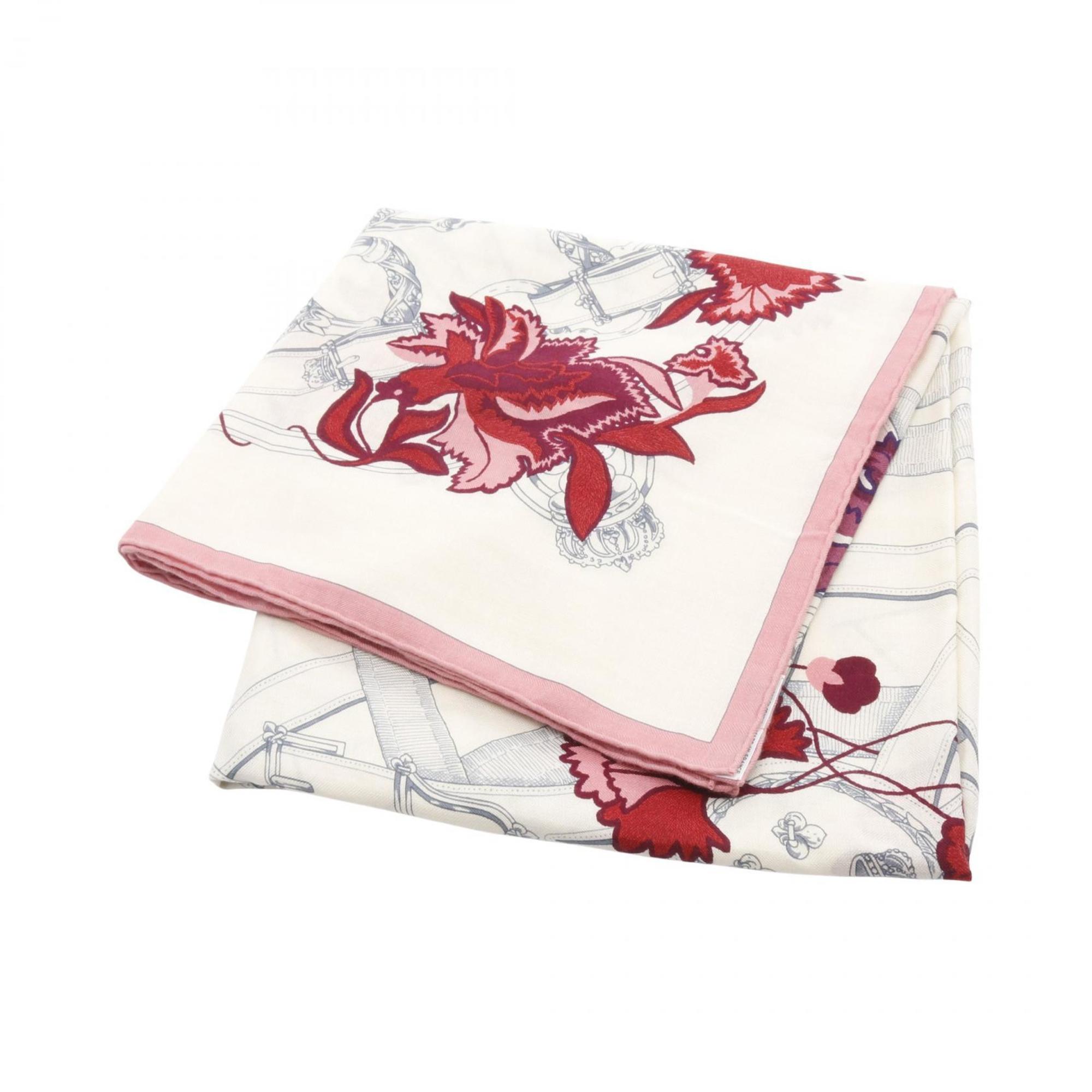 Hermes Hermès Carré Jean 140 Cavalcadour Fleuri Scarf, Silk, Cashmere, Women’s, White, Pink