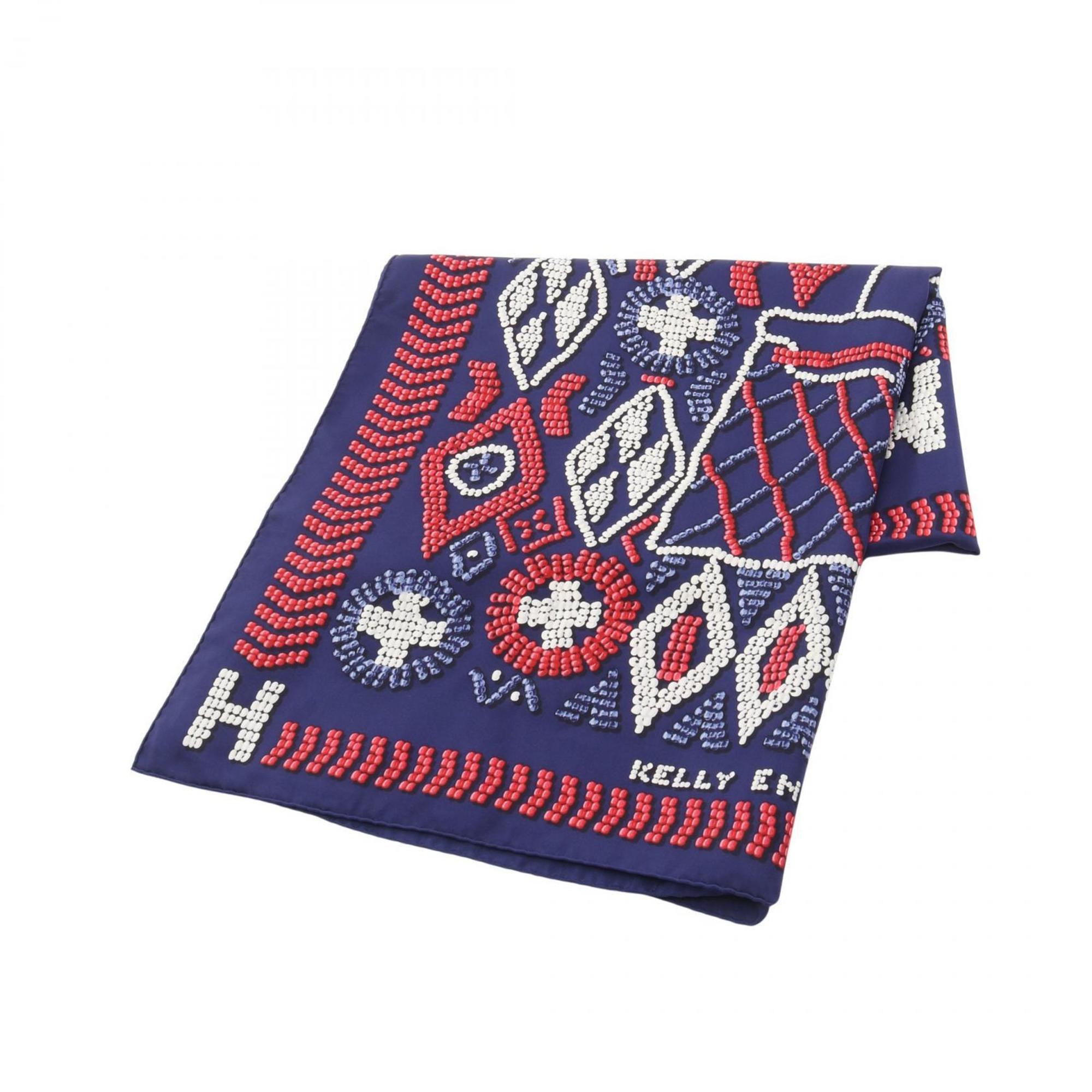 Hermès HERMES Carré Jean 140 Kelly en Perles Silk Scarf for Women in Navy, Red, and White