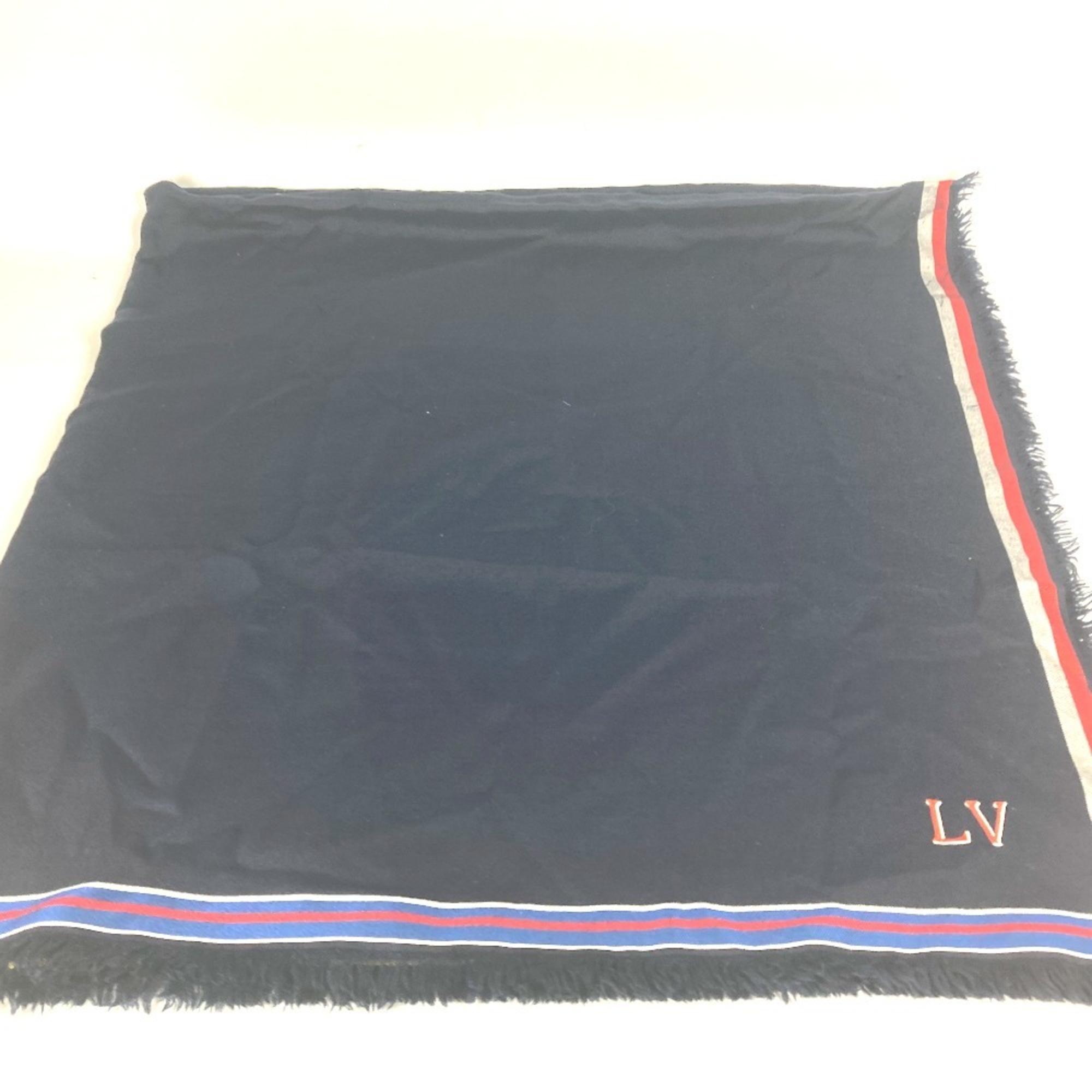LOUIS VUITTON MP1702 LV logo large fringe shawl scarf stole wool silk women’s navy