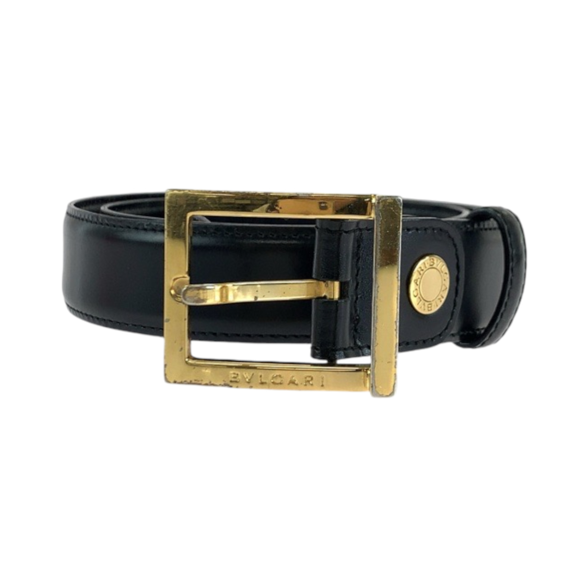 BVLGARI Bulgari square buckle black leather belt with gold hardware