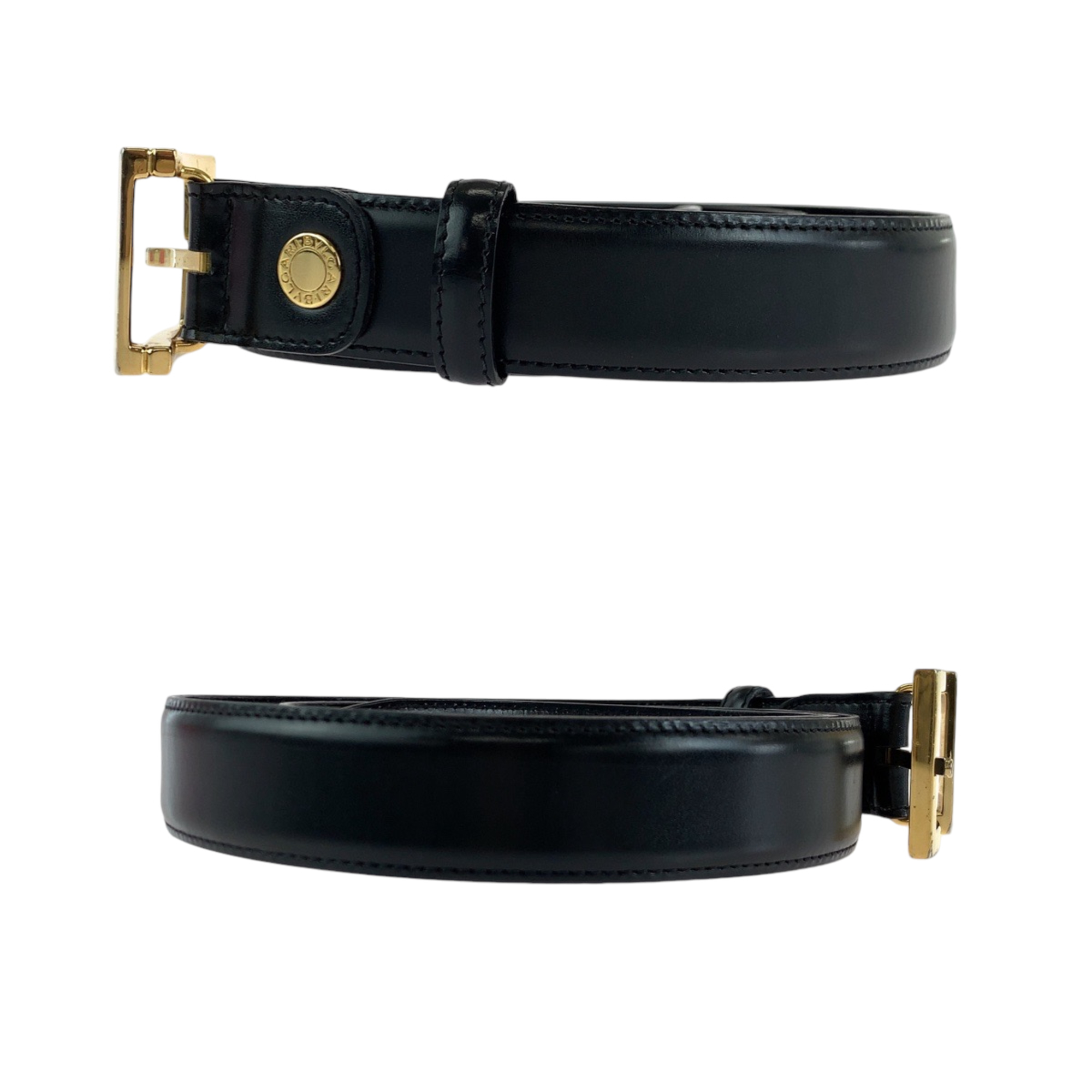 BVLGARI Bulgari square buckle black leather belt with gold hardware