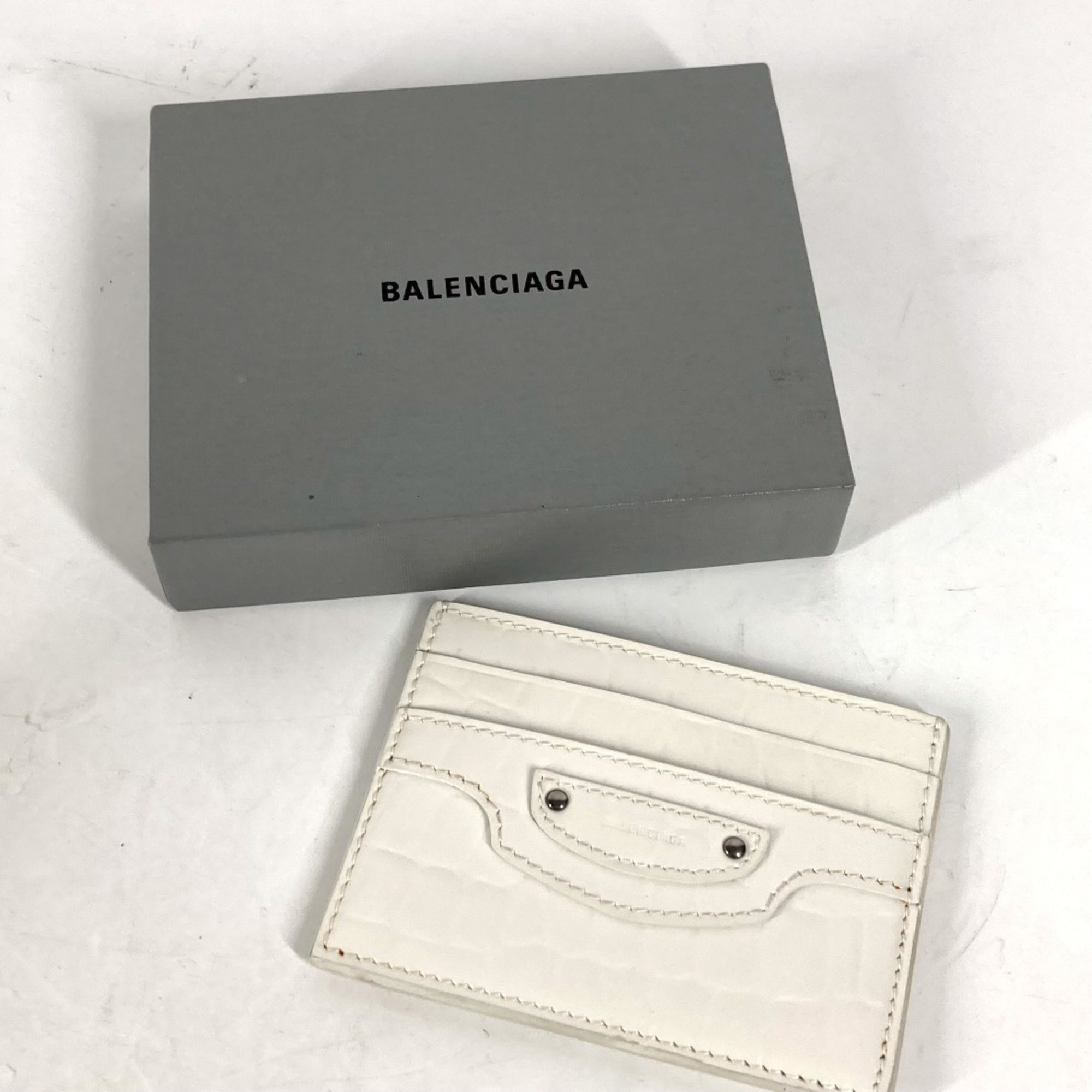 BALENCIAGA 640109 Logo Business Card Case, Pass Crocodile Embossed Leather, Men's, White