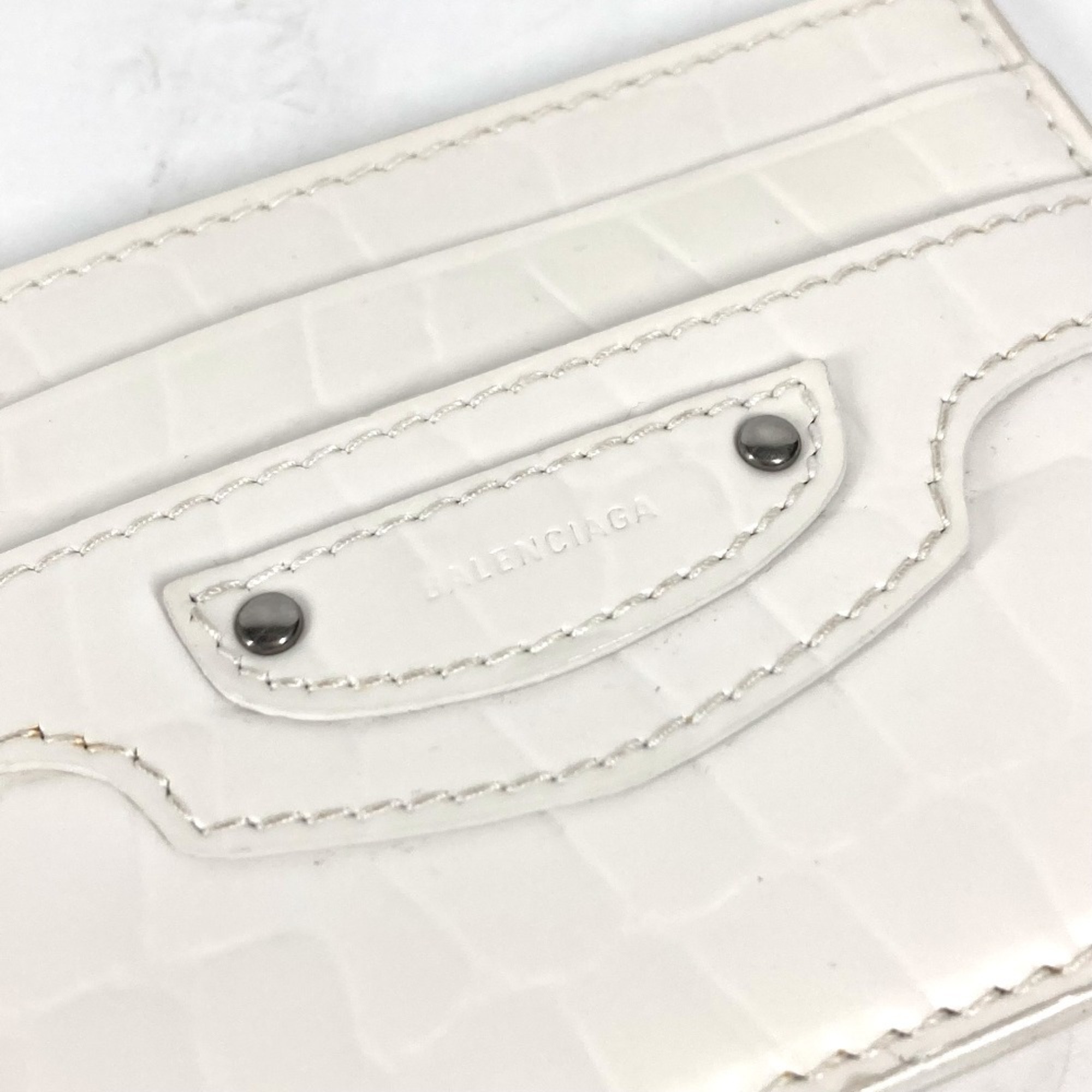BALENCIAGA 640109 Logo Business Card Case, Pass Crocodile Embossed Leather, Men's, White
