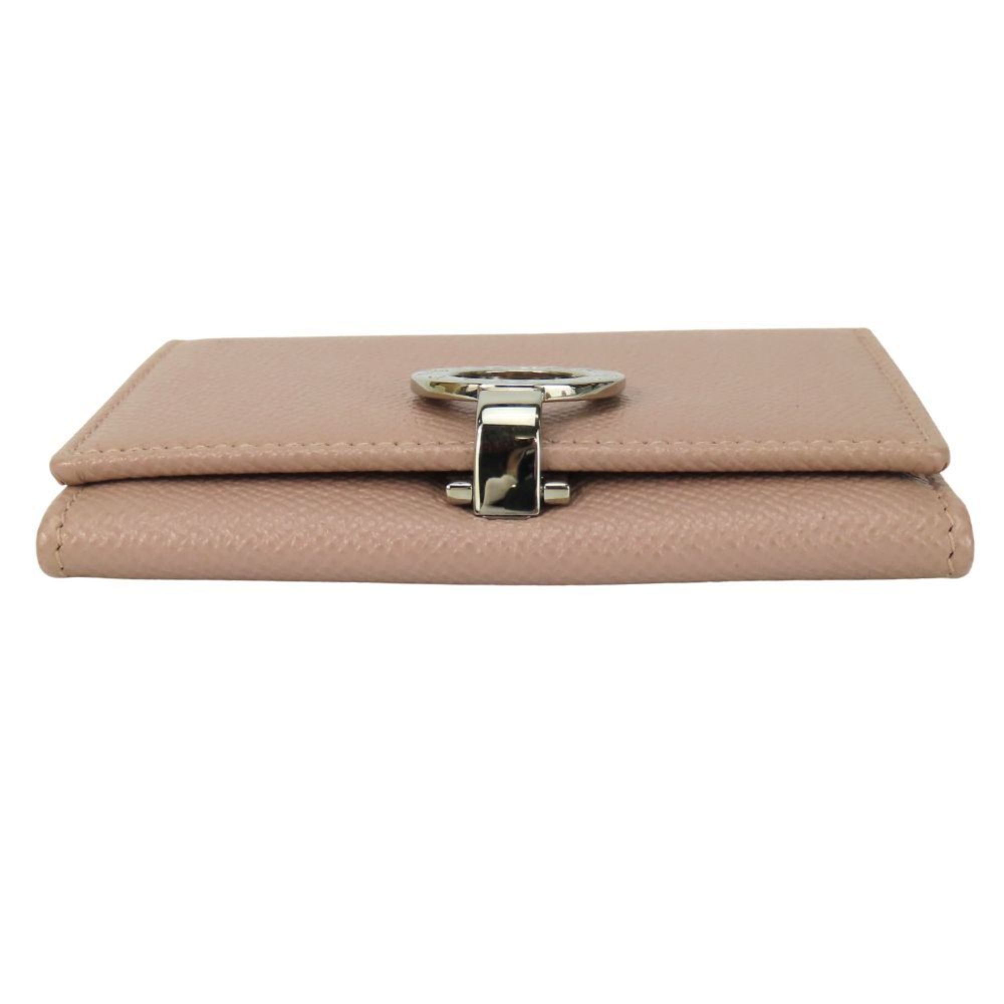 BVLGARI Business Card Holder/Card Case, Pink Beige Leather, Clip-on, Women's,