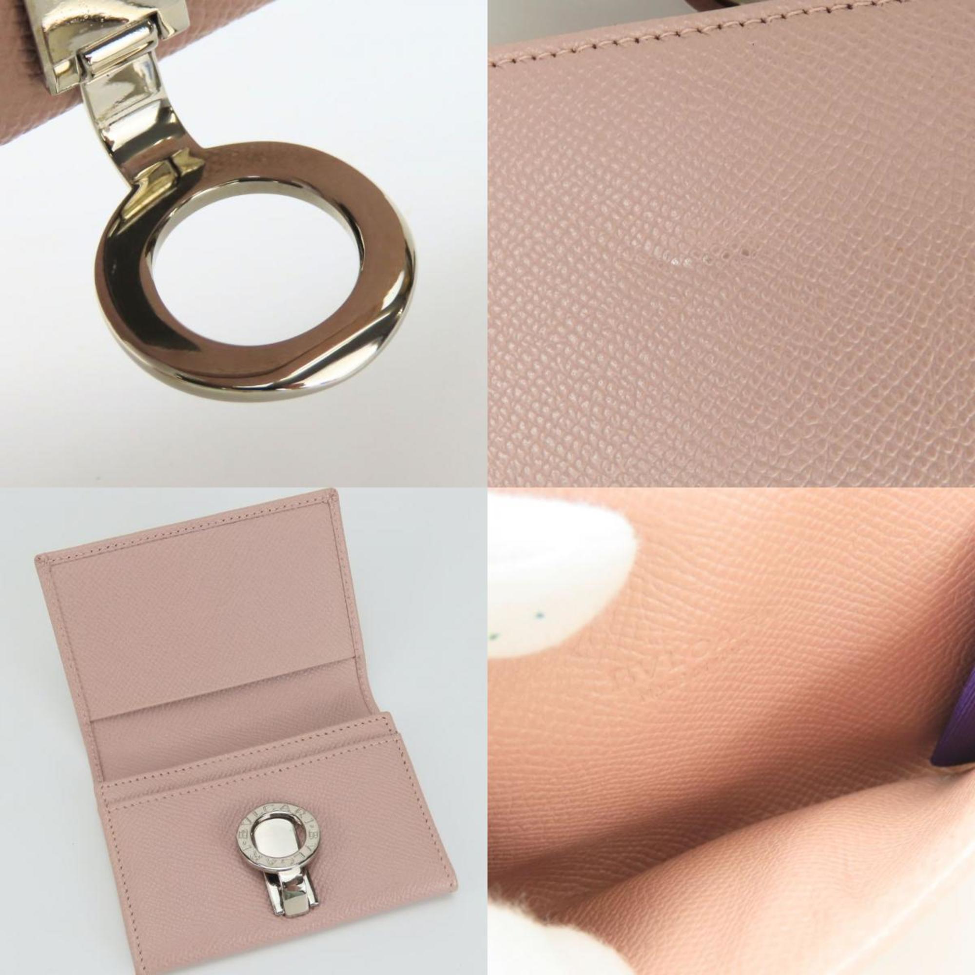 BVLGARI Business Card Holder/Card Case, Pink Beige Leather, Clip-on, Women's,
