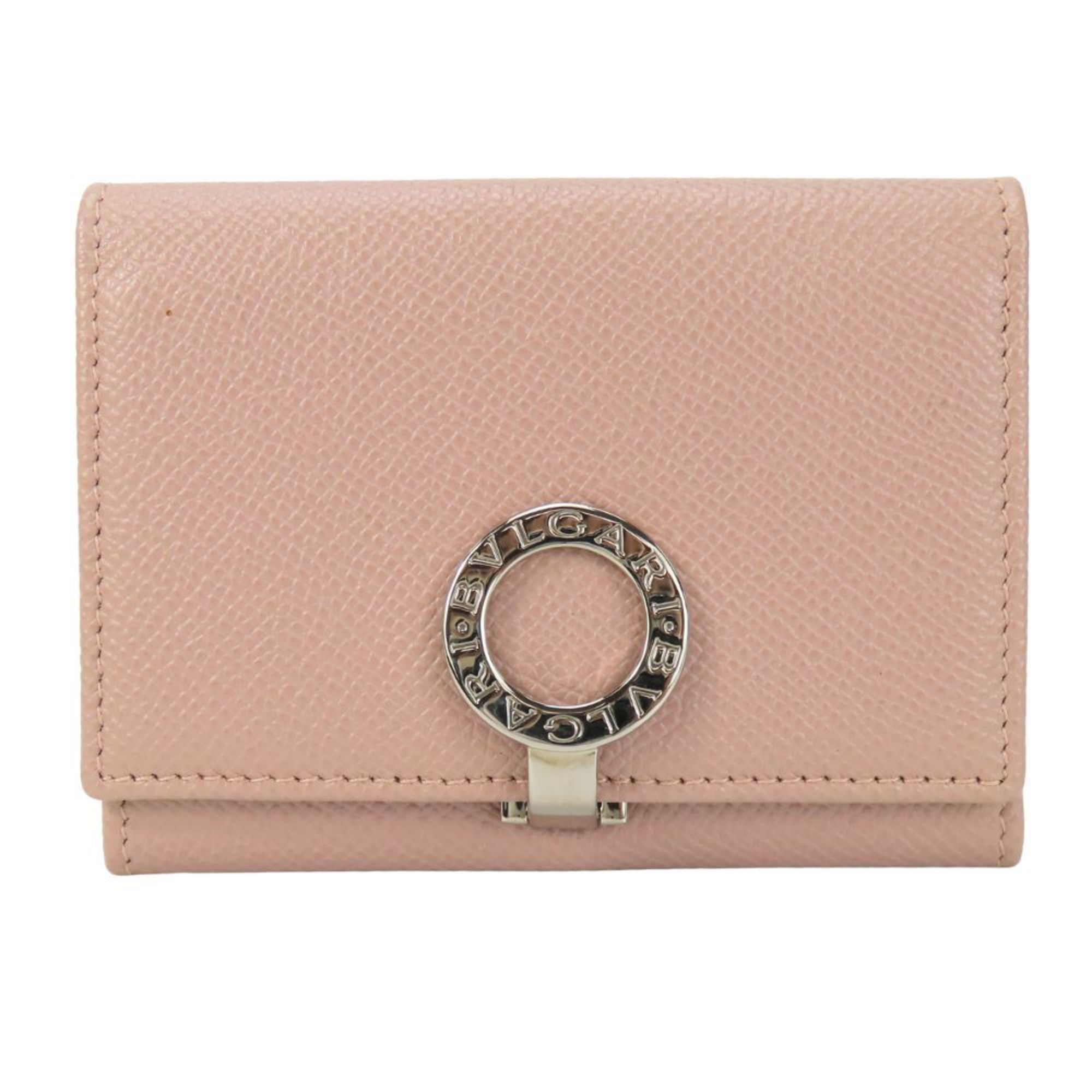 BVLGARI Business Card Holder/Card Case, Pink Beige Leather, Clip-on, Women's,