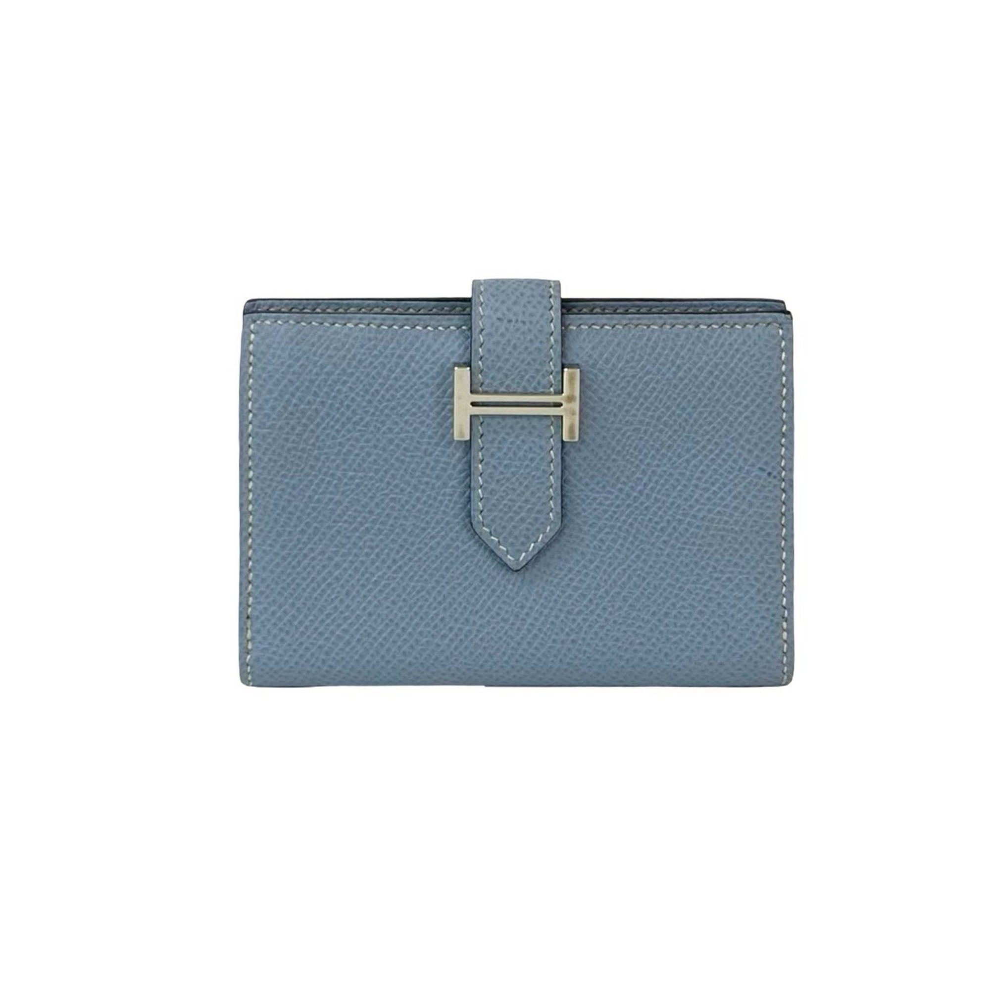 Nearly unused, engraved with O. HERMES Bearn Mini Card Case, Epsom Leather, Light Blue, 71810.