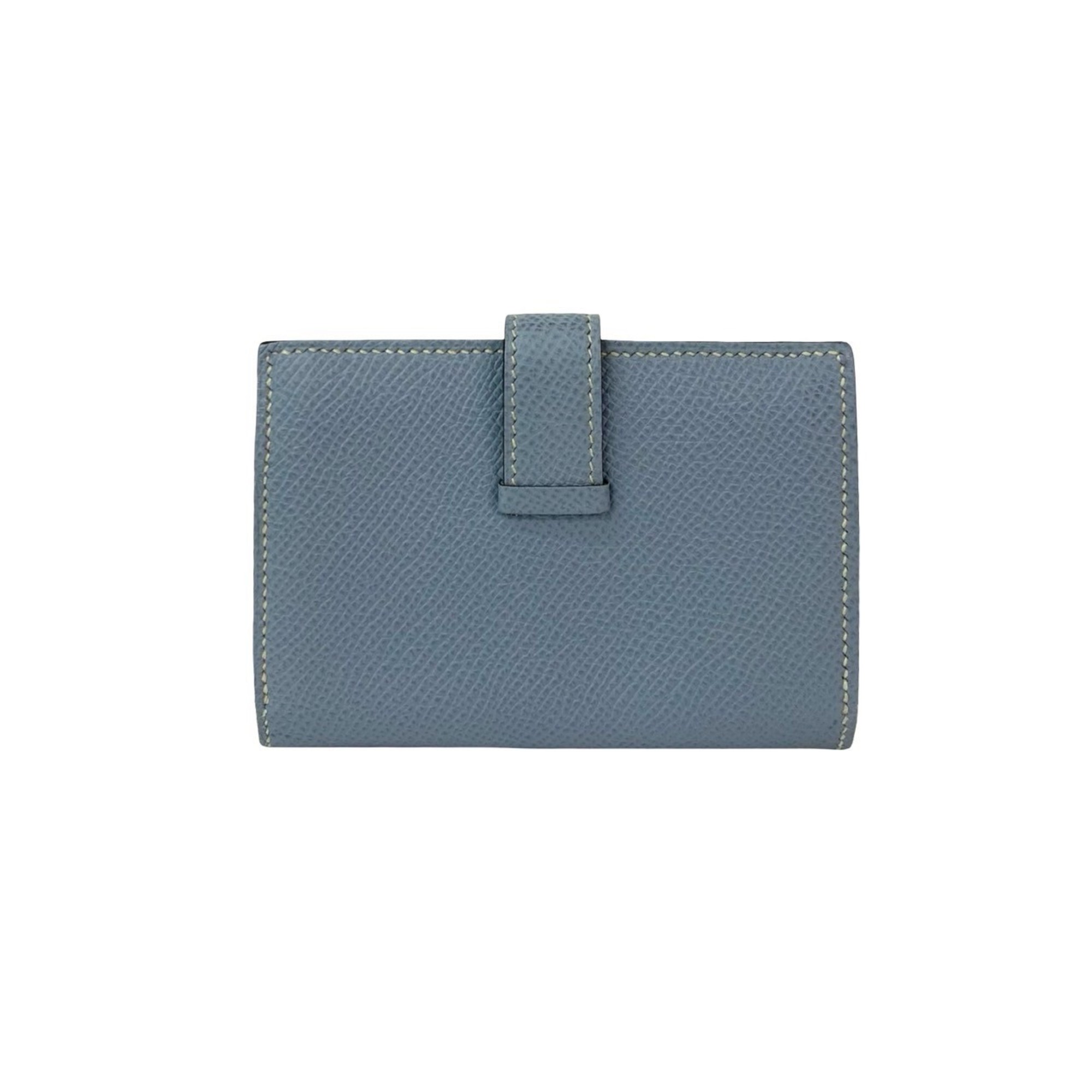 Nearly unused, engraved with O. HERMES Bearn Mini Card Case, Epsom Leather, Light Blue, 71810.