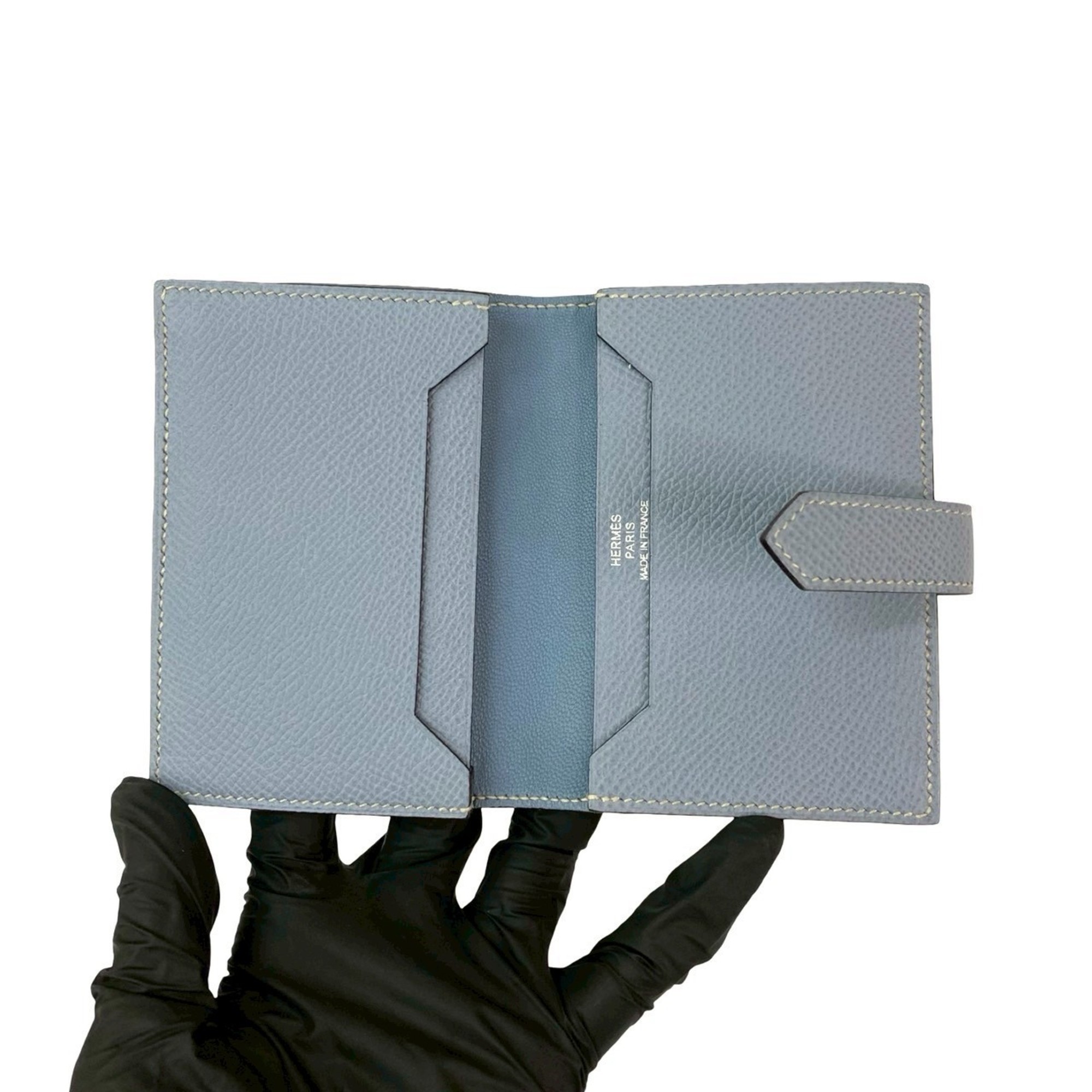 Nearly unused, engraved with O. HERMES Bearn Mini Card Case, Epsom Leather, Light Blue, 71810.