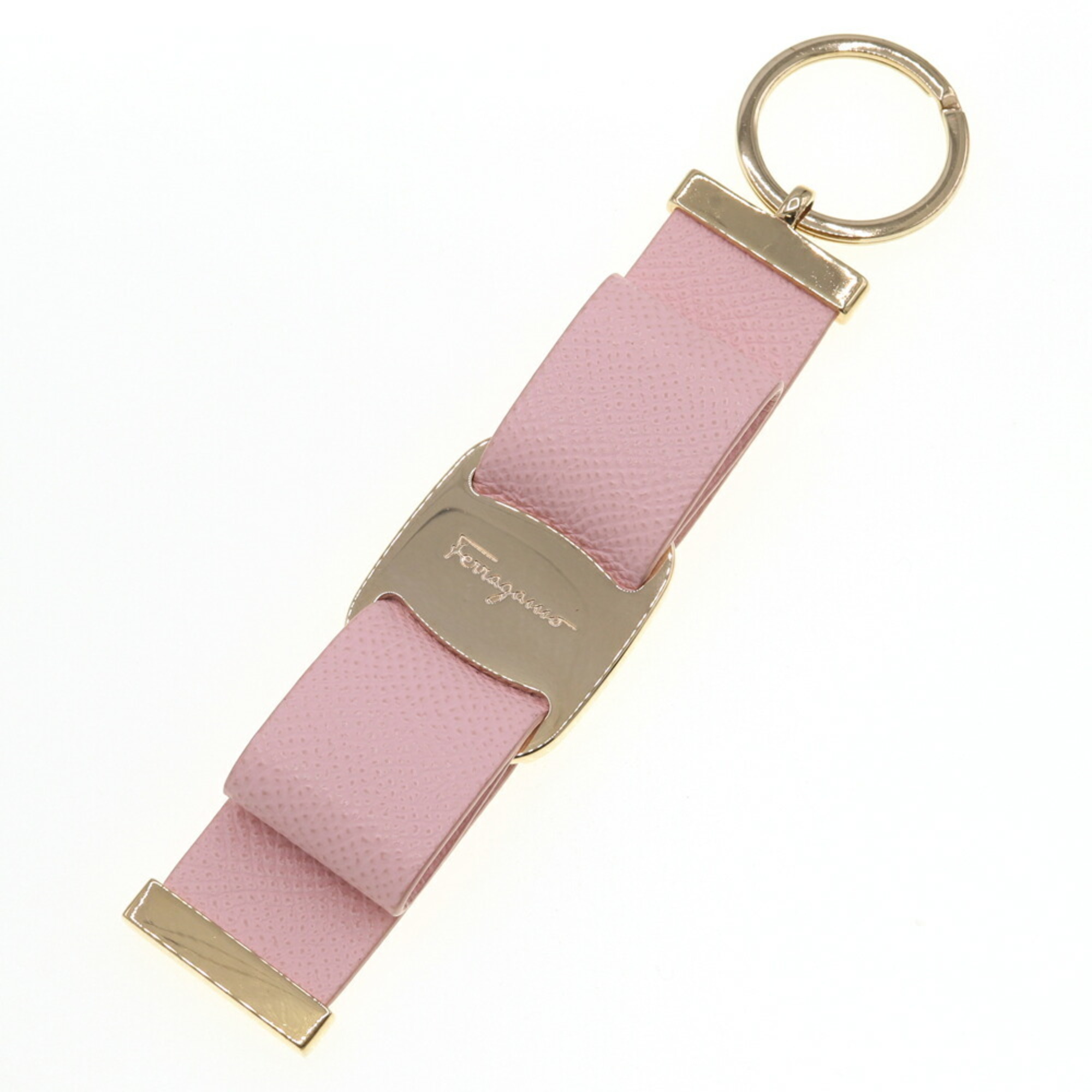 Salvatore Ferragamo Vara 22 Key Ring D579 Light Pink Leather and Metal Keychain with Ribbon for Women