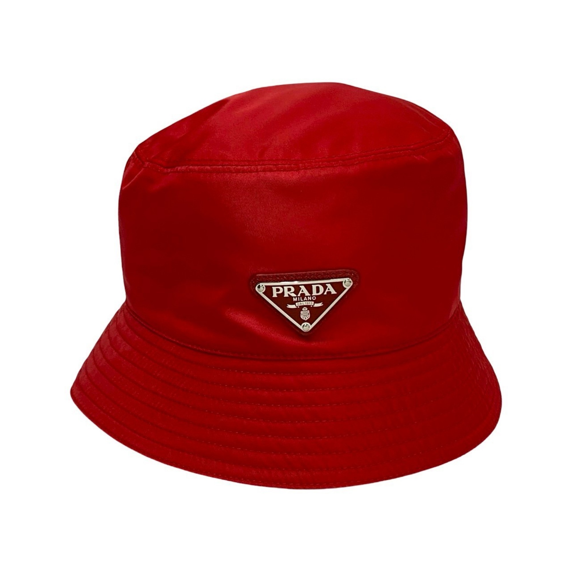 PRADA Re-Nylon Bucket Hat with Triangle Logo and Metal Fittings, Size Small, Red, 64275