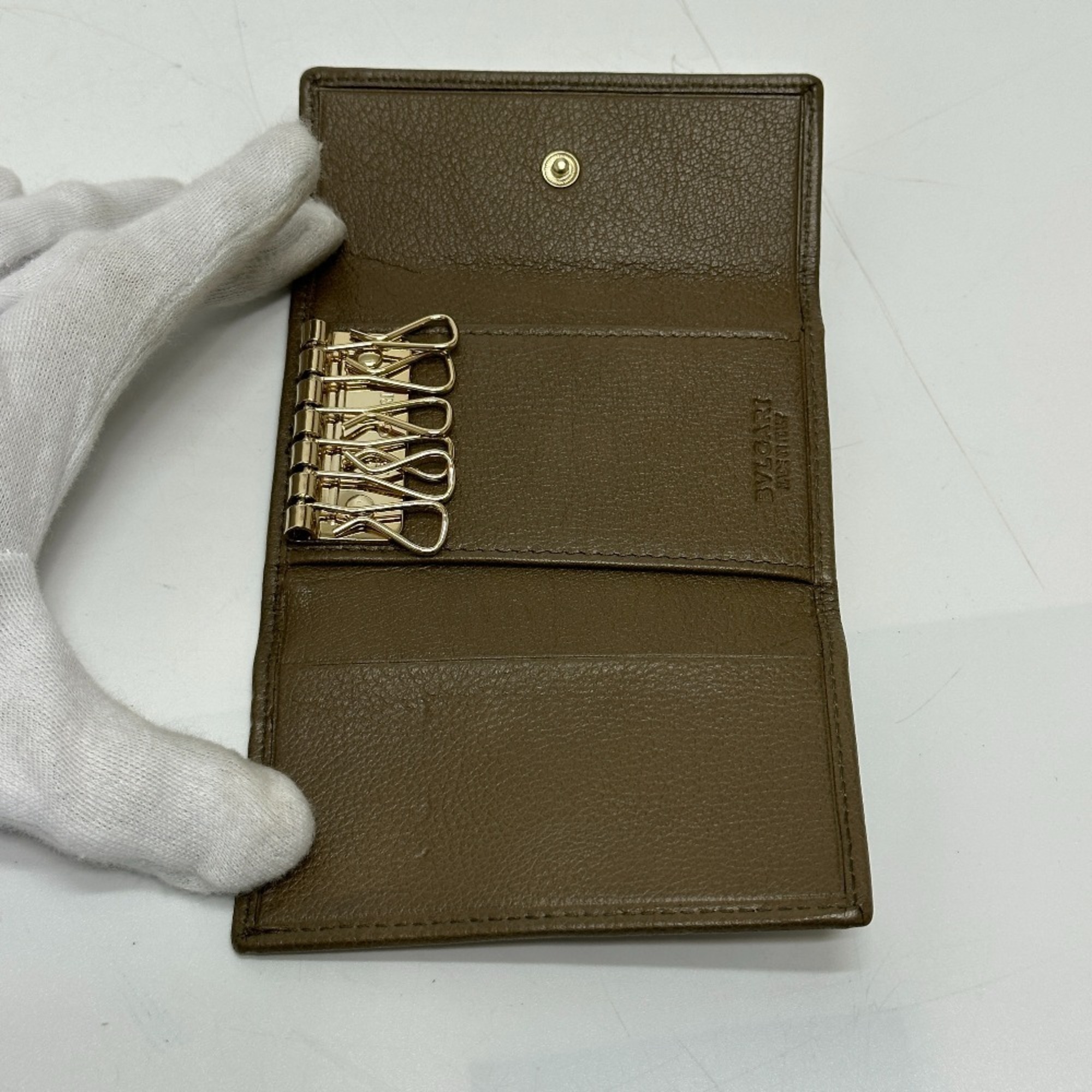 BVLGARI Bvlgari 6-ring double key case, leather, brown, like new, for men