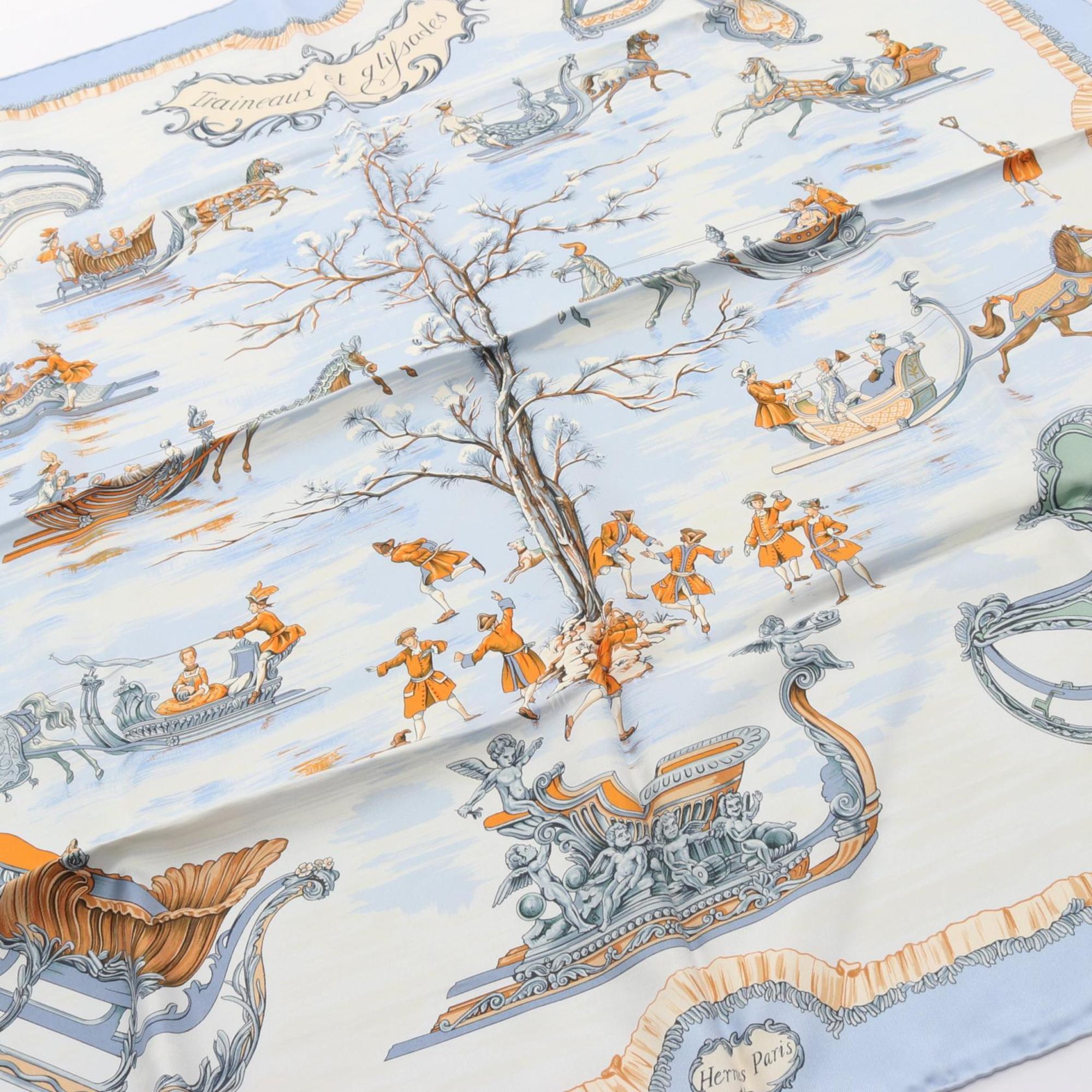 Hermès HERMES Carré 90 Traineaux et Glissades Silk Scarf for Women, Multicolored, Blue and Orange